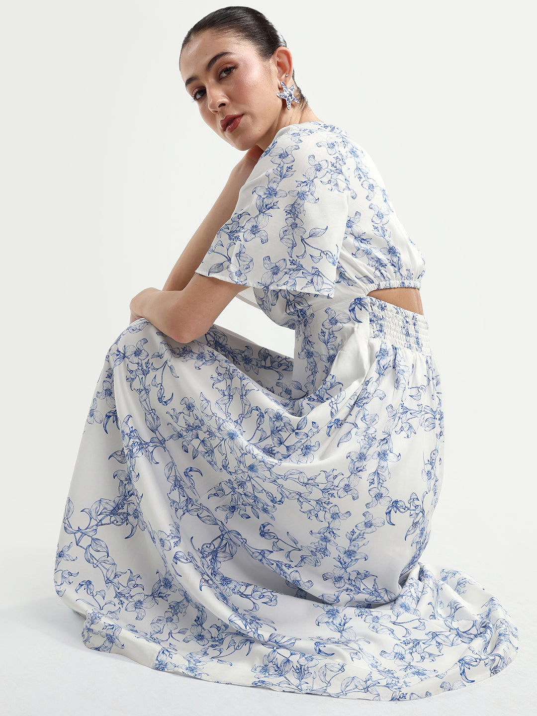 Rareism Women's Kamahe Off White Cotton Blend V-Neck Pull-On Fit And Flare Ornamental Print Dress