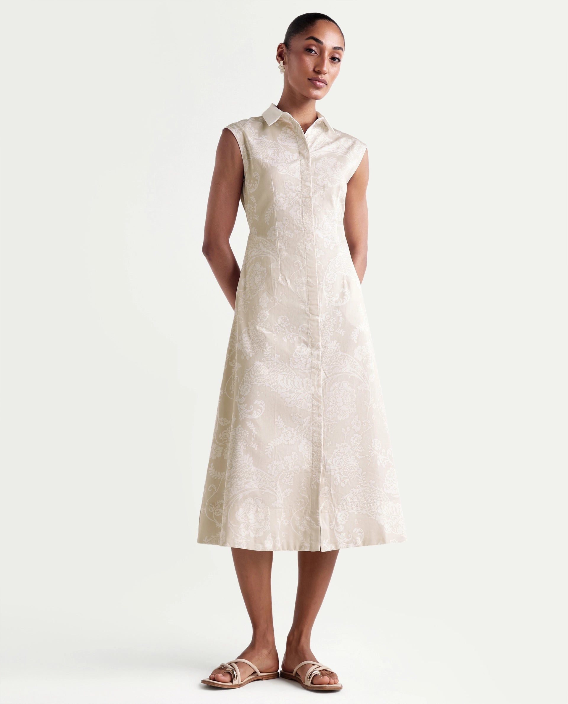 Rareism Women's Kasimo Beige Cotton Spread Collar Button Regular Ornamental Print Dress