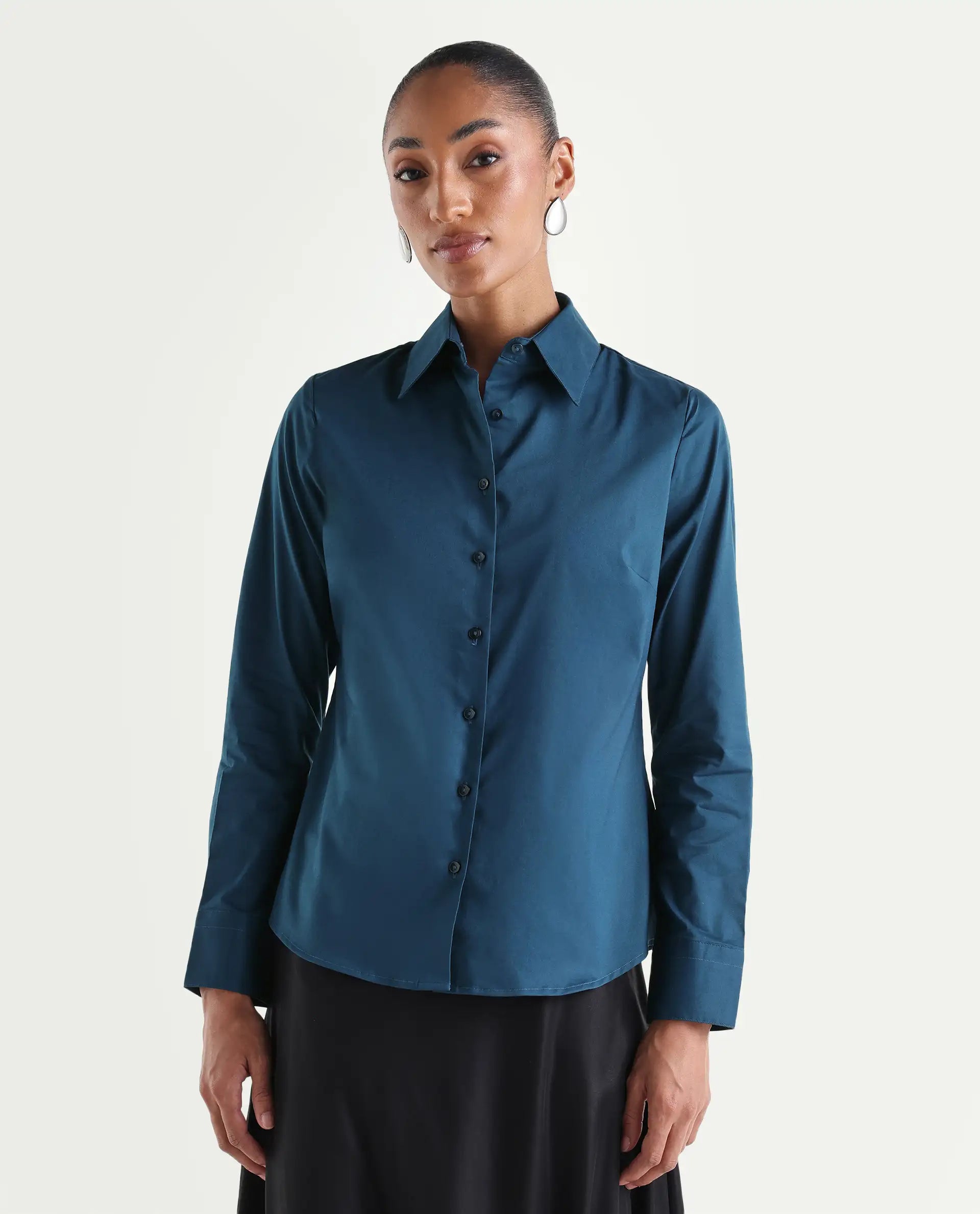 Rareism Women's Maven Teal Cotton Blend Spread Collar Fitted Plain Shirt