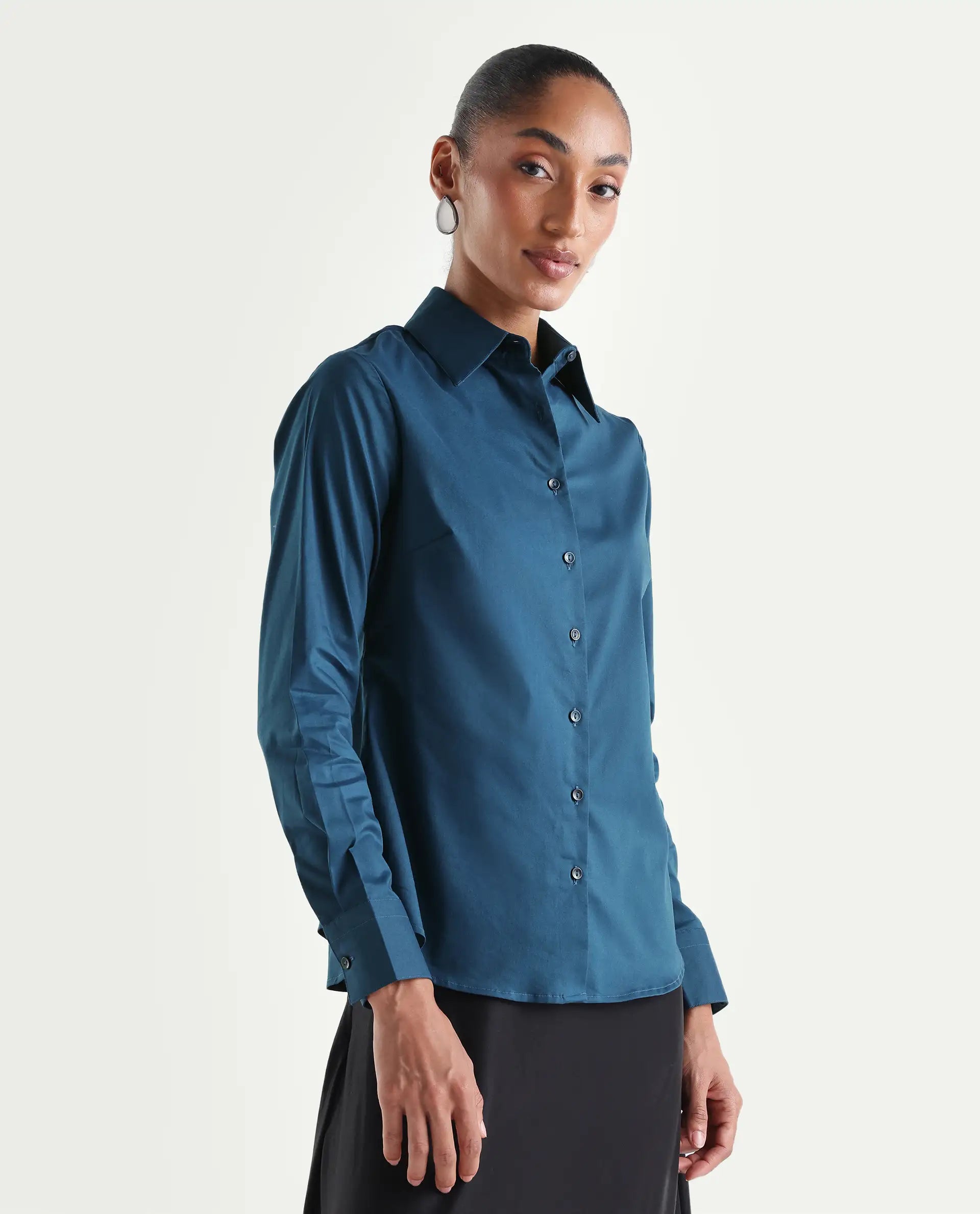 Rareism Women's Maven Teal Cotton Blend Spread Collar Fitted Plain Shirt