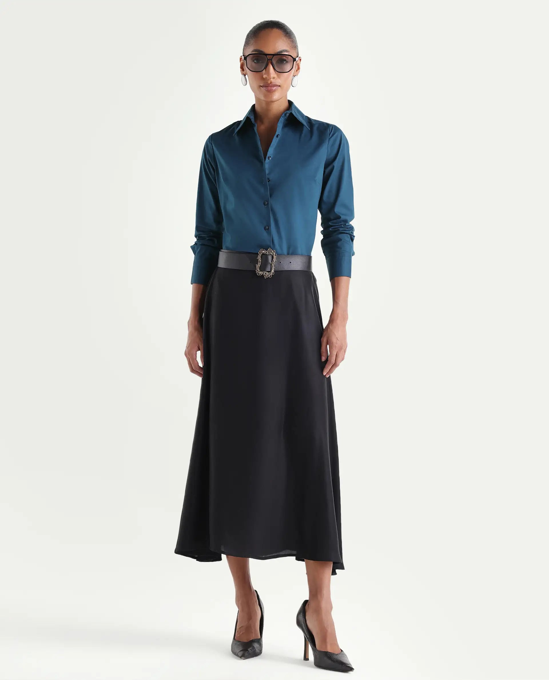 Rareism Women's Maven Teal Cotton Blend Spread Collar Fitted Plain Shirt