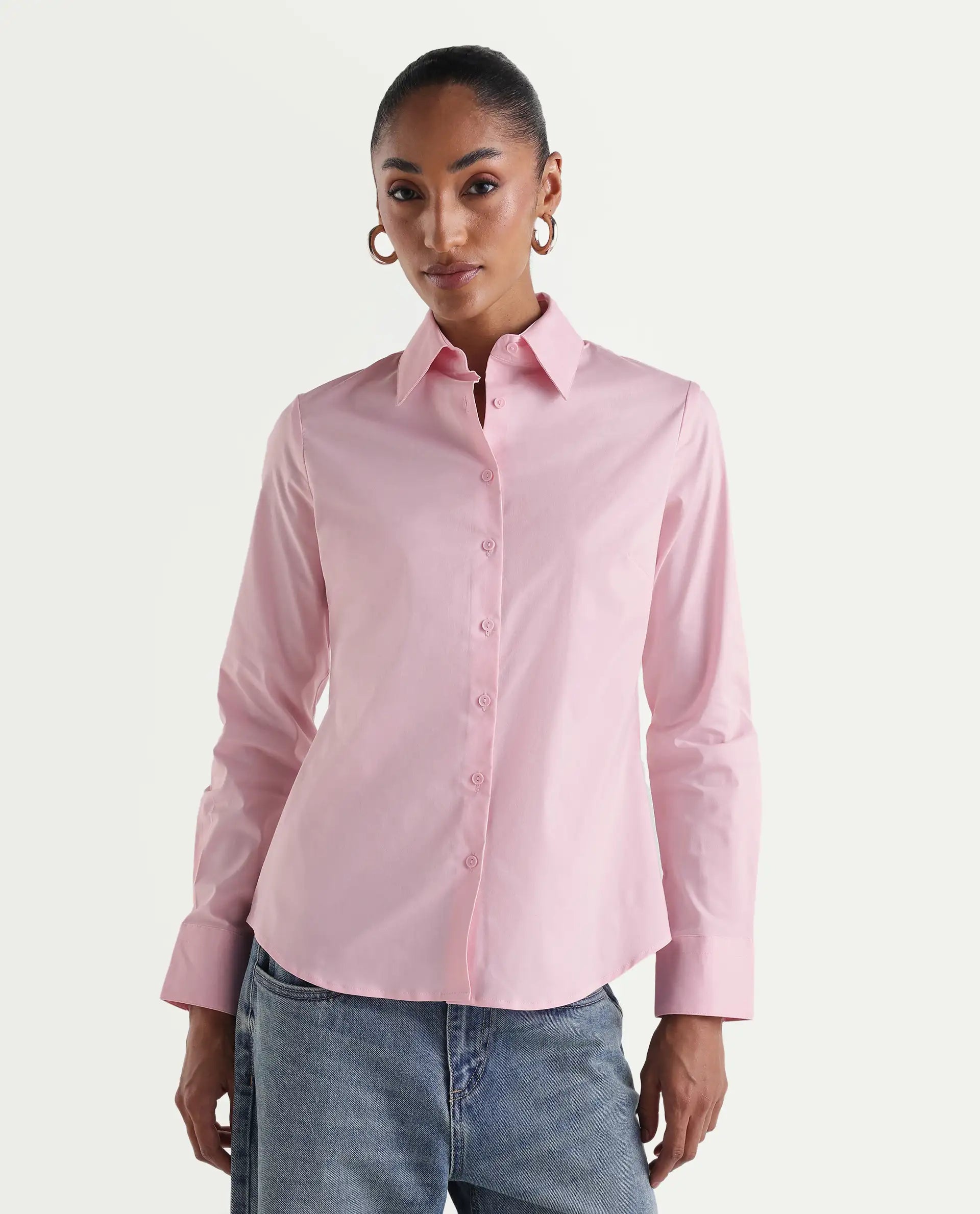 Rareism Women's Maven Pink Cotton Blend Spread Collar Fitted Plain Shirt