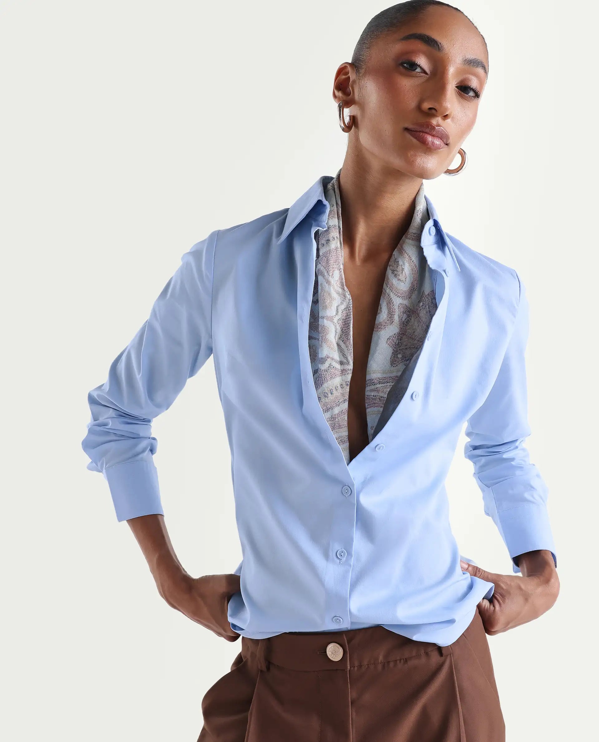 Rareism Women's Maven Light Blue Cotton Blend Spread Collar Fitted Plain Shirt