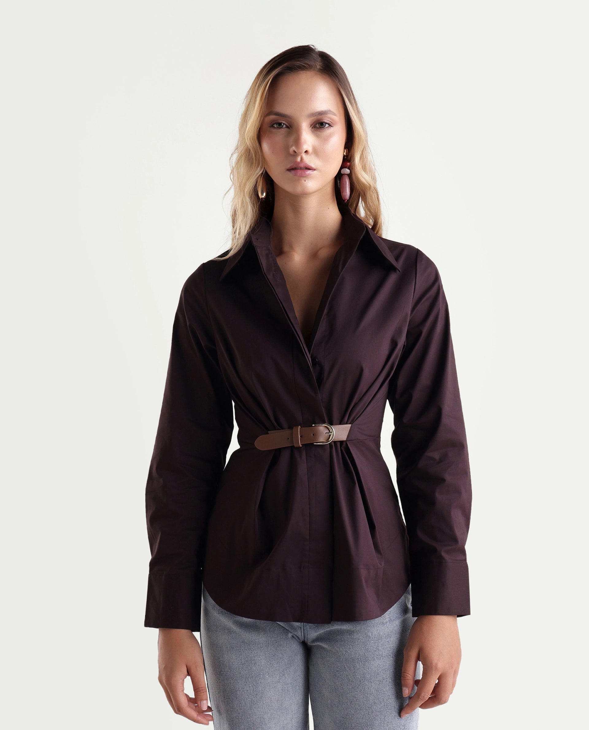 Rareism Women's Onio Brown Plain Cotton Blend Regular Long Sleeve Shirt