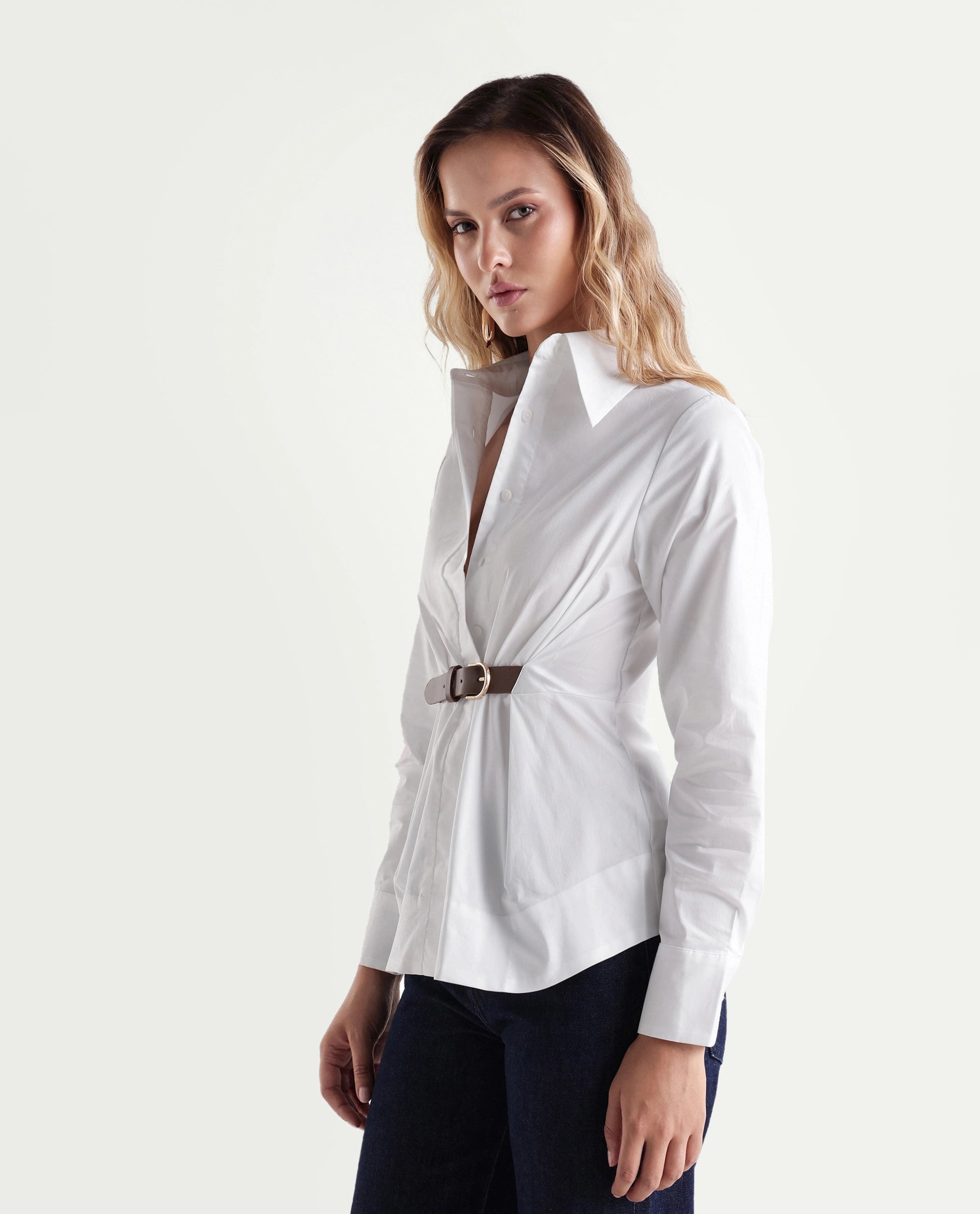 Rareism Women's Onio Off White Plain Cotton Blend Regular Long Sleeves Shirt