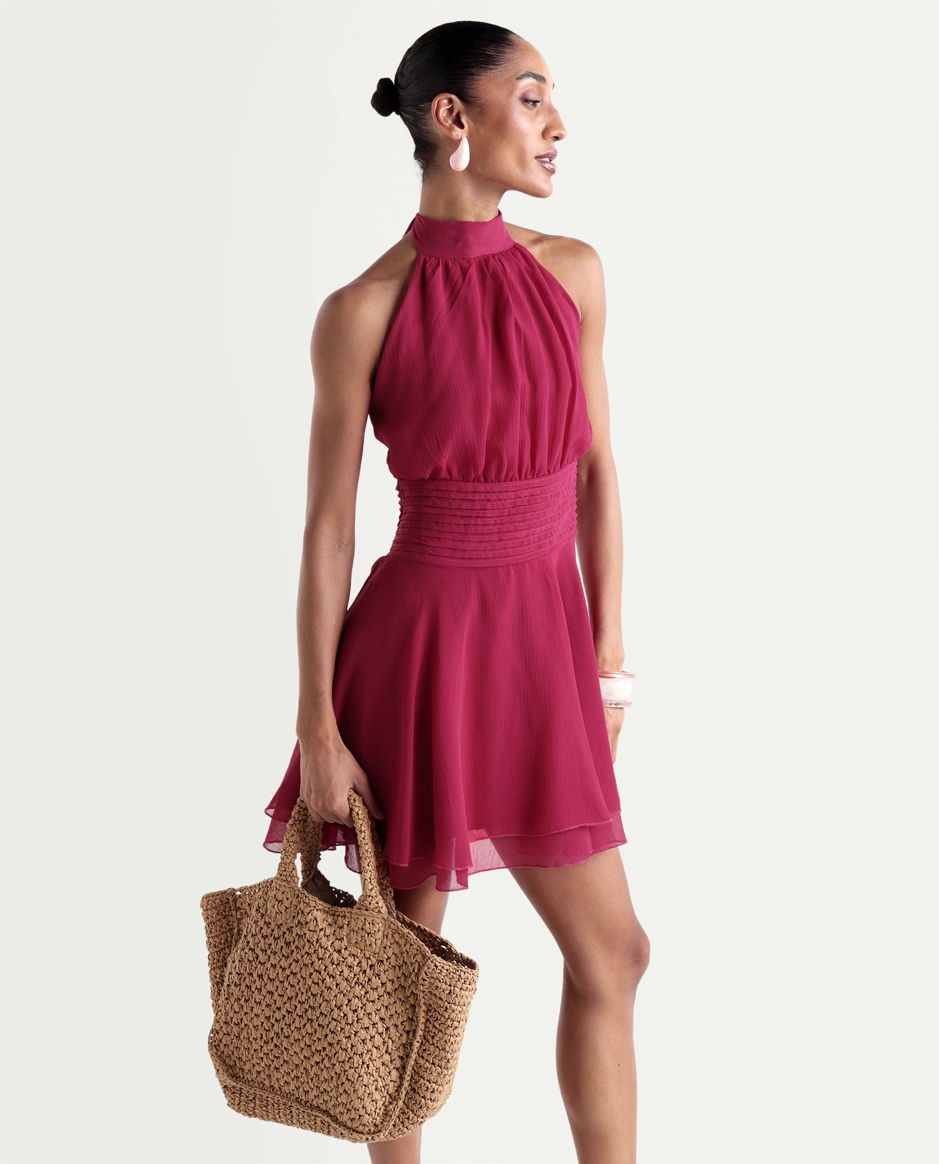 Rareism Women's Peti Dark Pink Polyester Halter Neck Button And Zip Fit And Flare Plain Dress