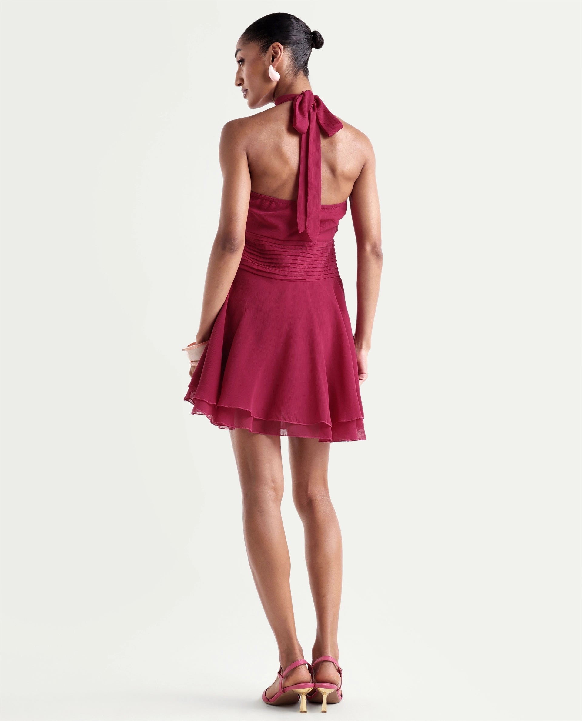 Rareism Women's Peti Dark Pink Polyester Halter Neck Button And Zip Fit And Flare Plain Dress