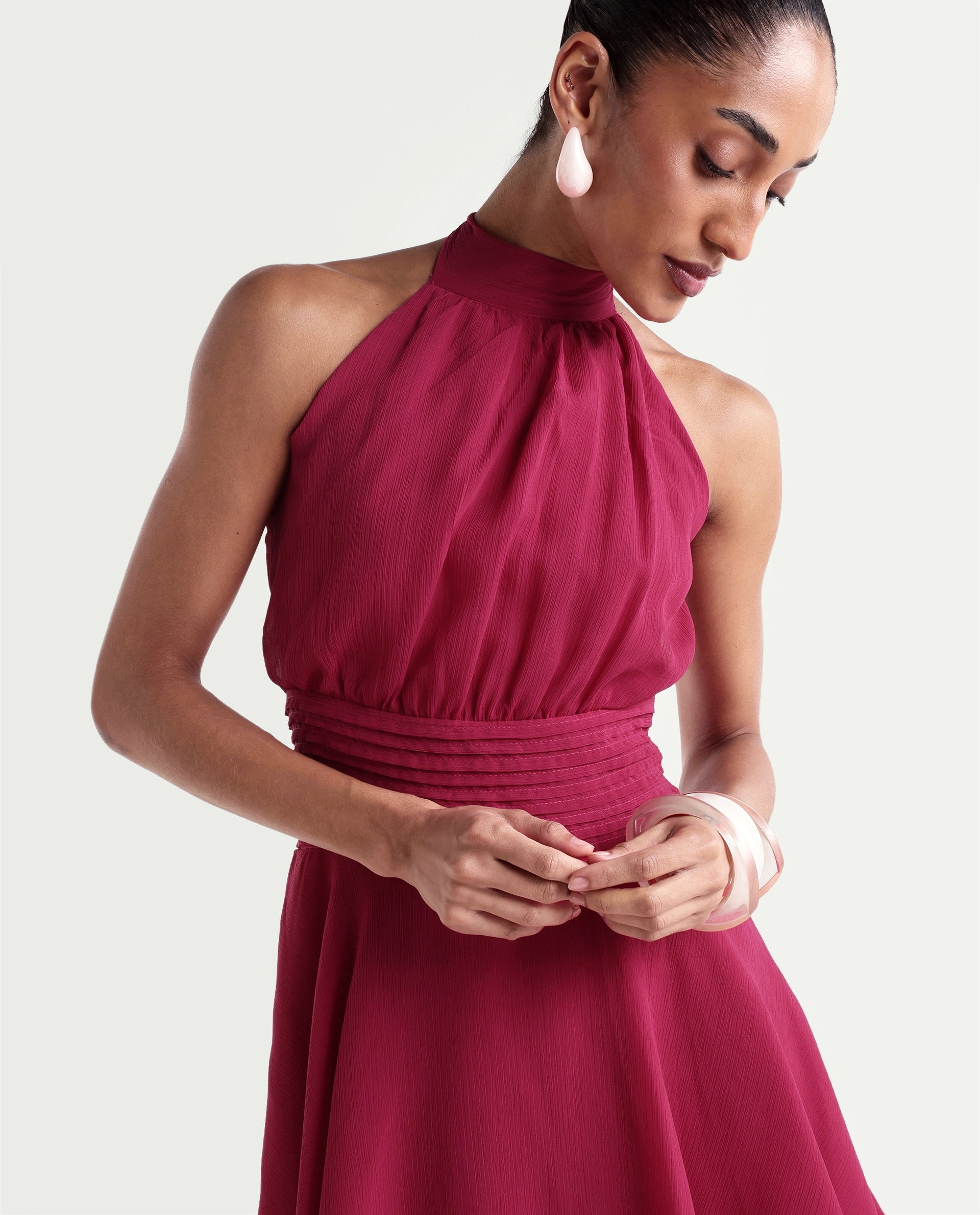 Rareism Women's Peti Dark Pink Polyester Halter Neck Button And Zip Fit And Flare Plain Dress