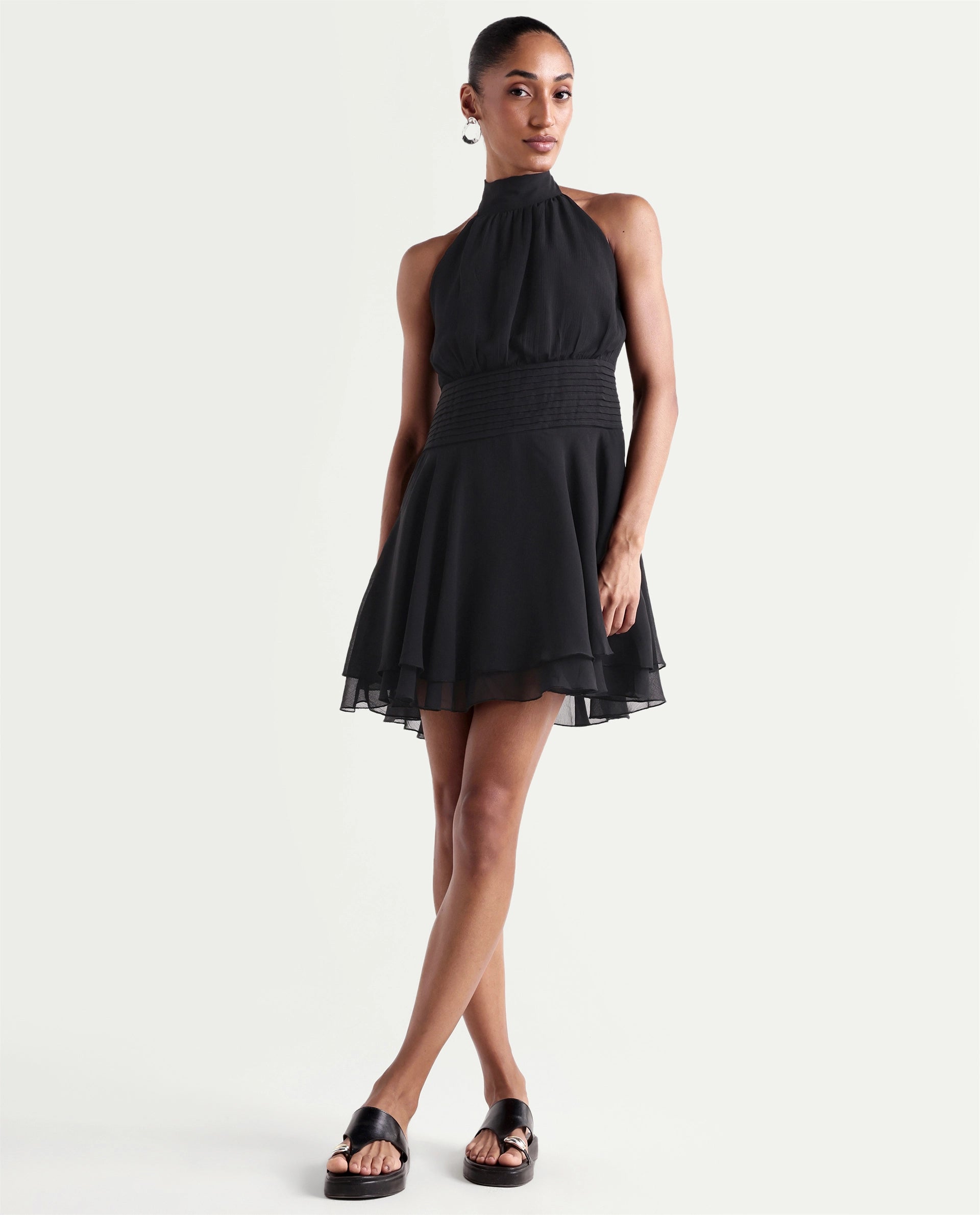 Rareism Women's Peti Black Polyester Halter Neck Button And Zip Fit And Flare Plain Dress