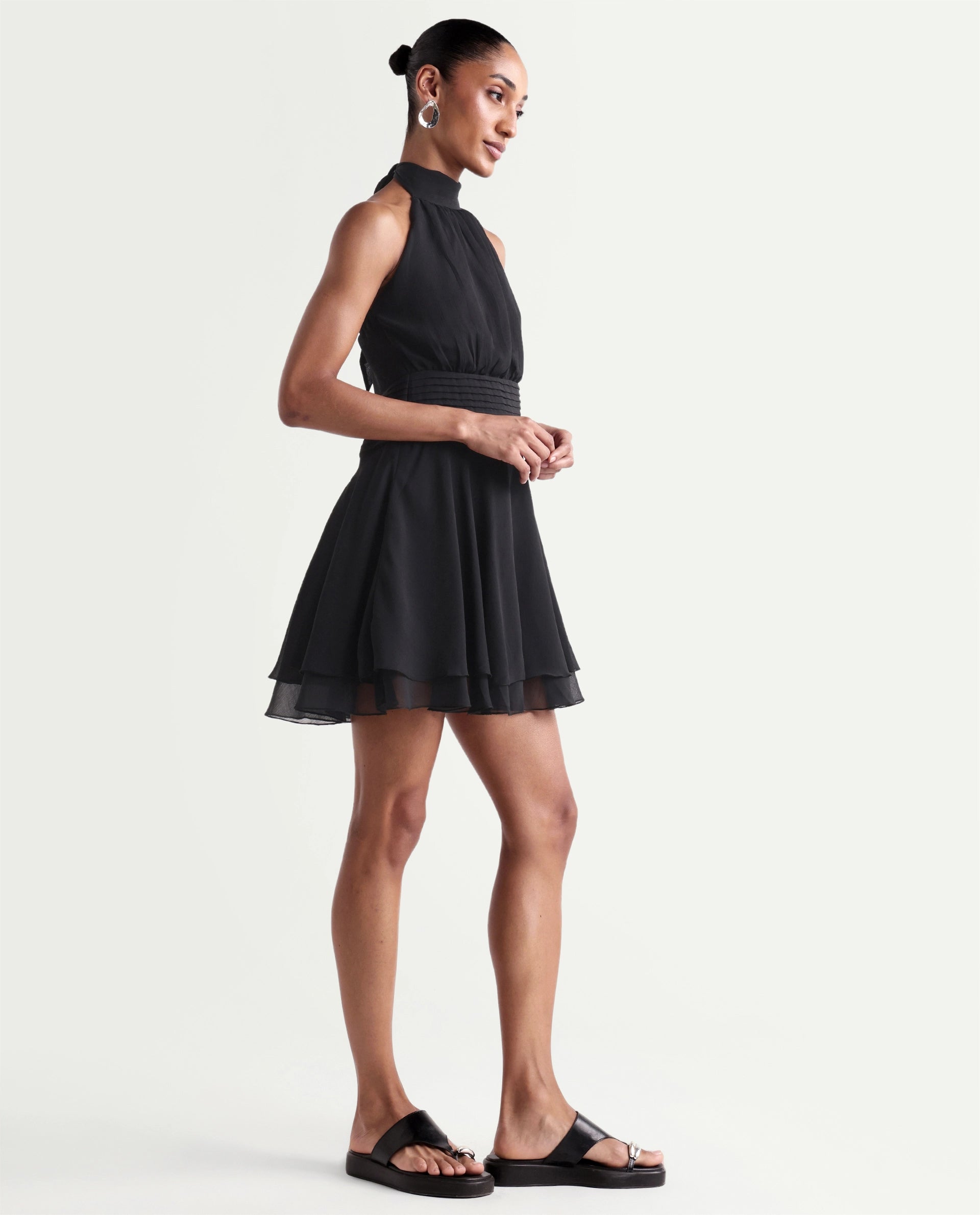 Rareism Women's Peti Black Polyester Halter Neck Button And Zip Fit And Flare Plain Dress