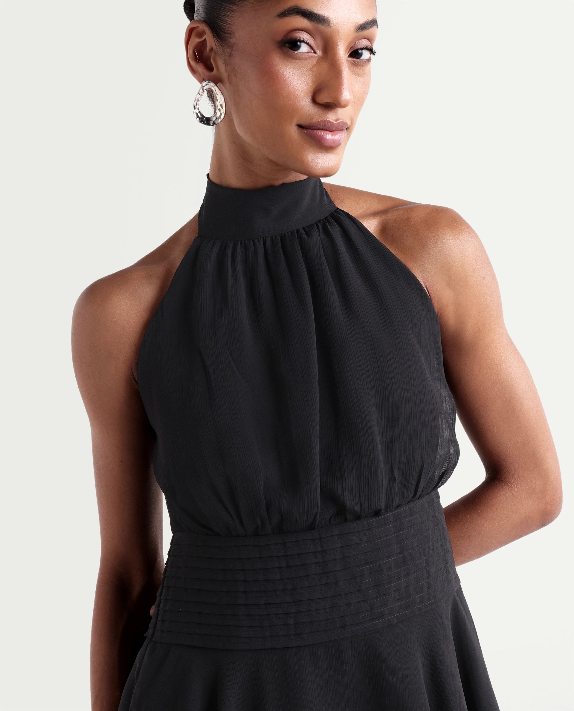 Rareism Women's Peti Black Polyester Halter Neck Button And Zip Fit And Flare Plain Dress