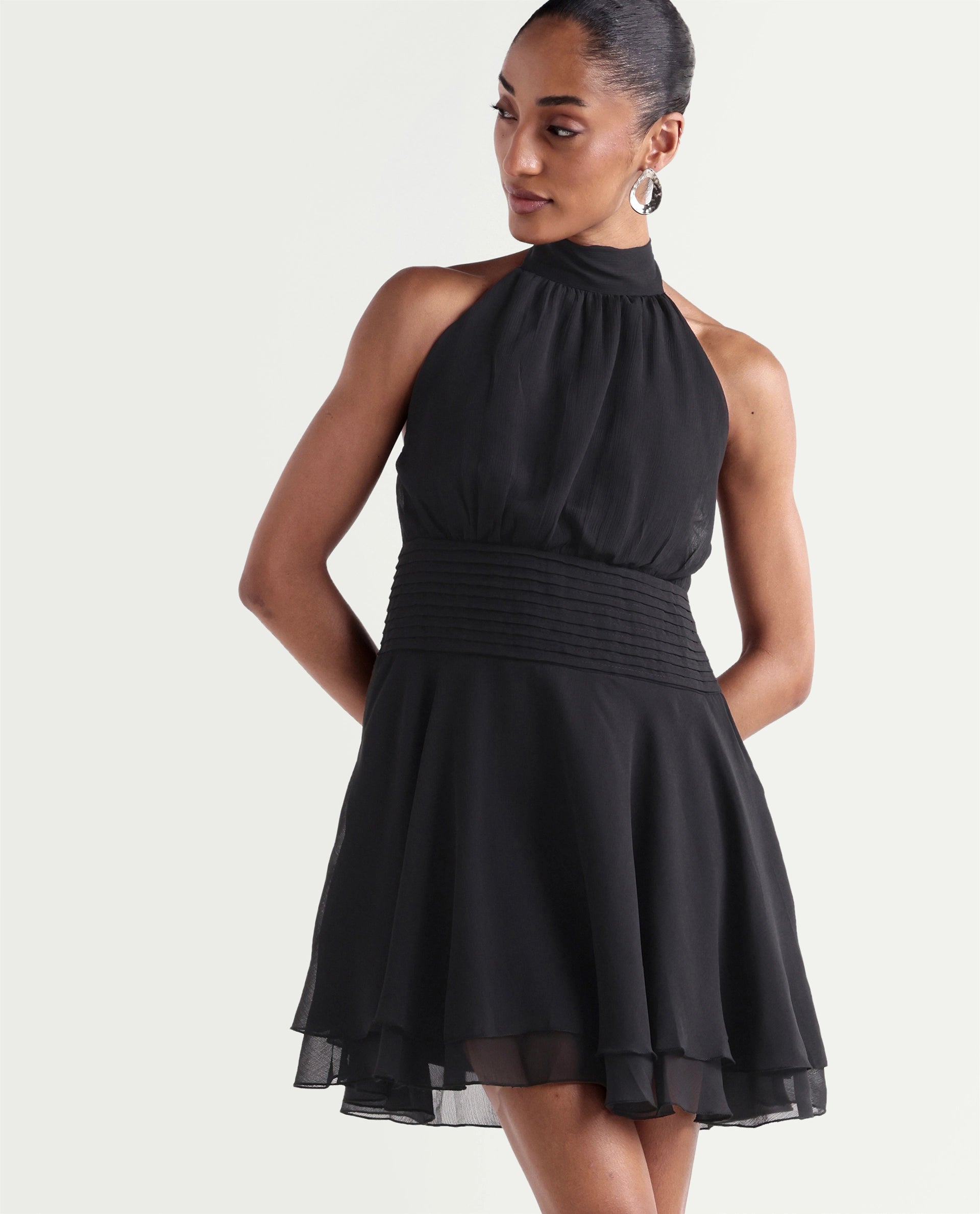 Rareism Women's Peti Black Polyester Halter Neck Button And Zip Fit And Flare Plain Dress