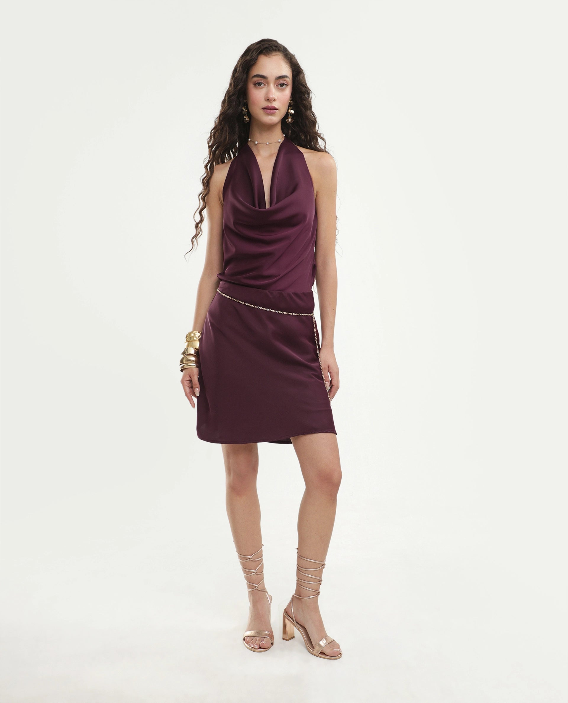 Rareism Women's Petir Dark Maroon Polyester Elastic Bodycon Plain Skirt