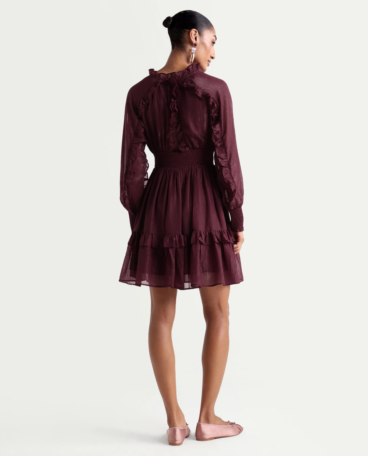 Rareism Women's Peto Maroon Polyester V-Neck Elastic Fit And Flare Plain Dress