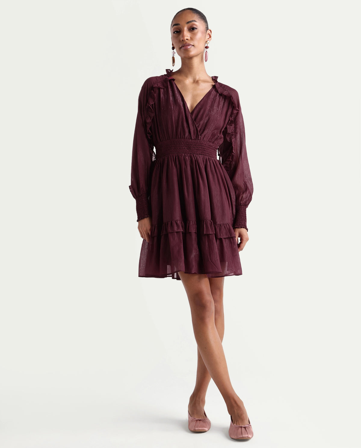 Rareism Women's Peto Maroon Polyester V-Neck Elastic Fit And Flare Plain Dress