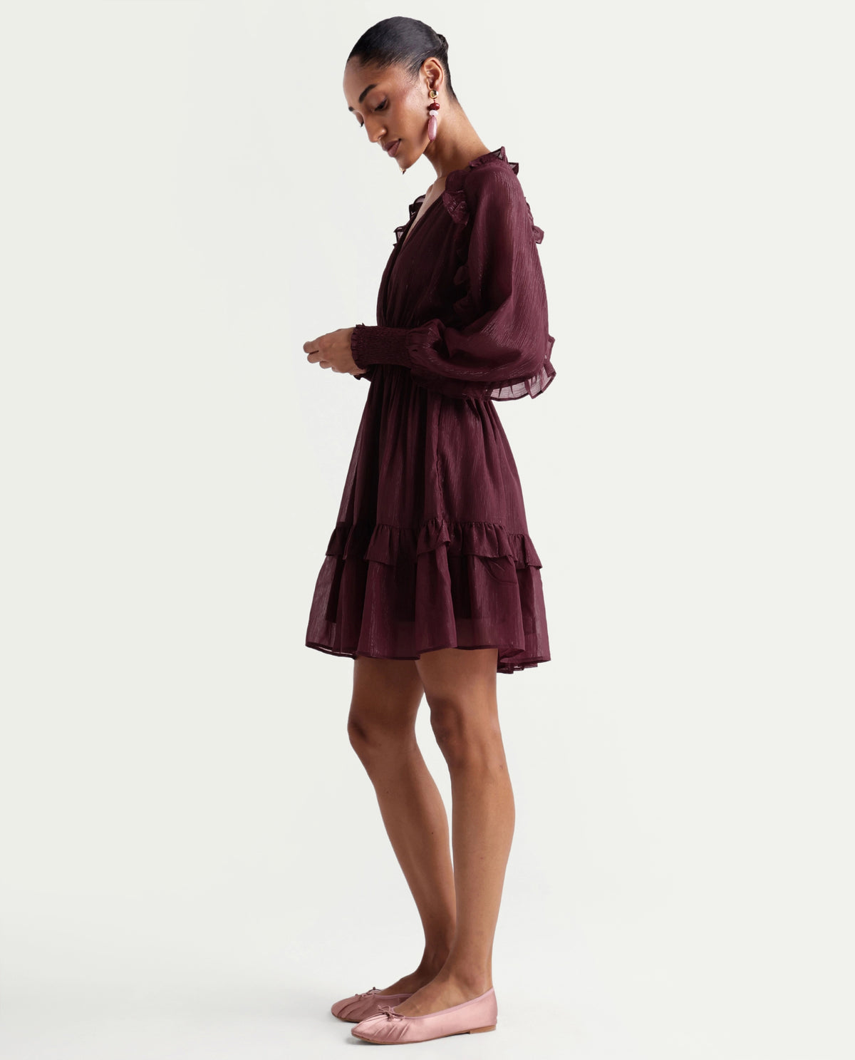 Rareism Women's Peto Maroon Polyester V-Neck Elastic Fit And Flare Plain Dress