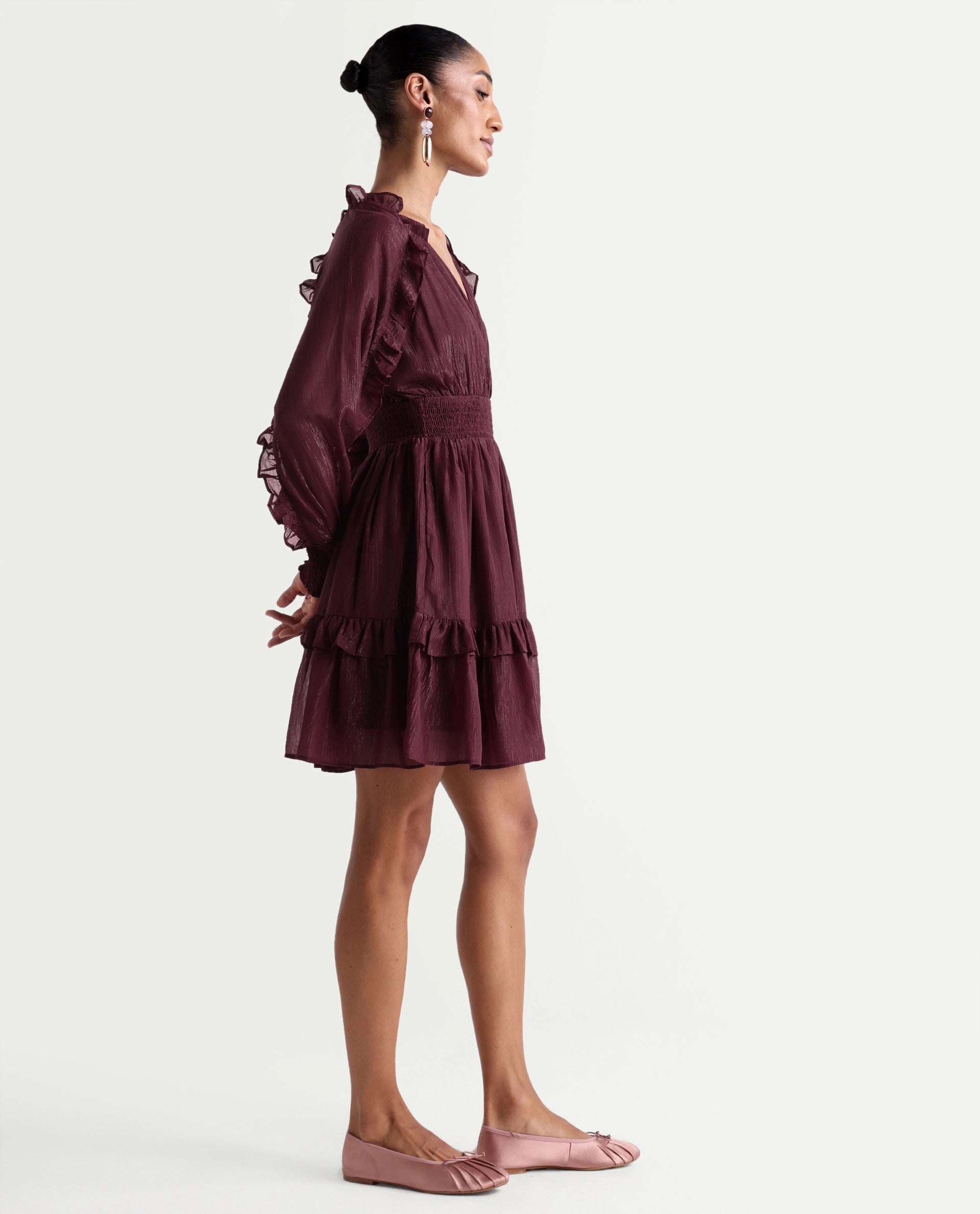 Rareism Women's Peto Maroon Polyester V-Neck Elastic Fit And Flare Plain Dress