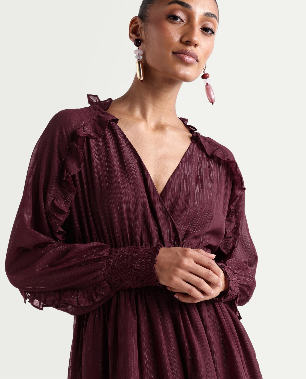Rareism Women's Peto Maroon Polyester V-Neck Elastic Fit And Flare Plain Dress