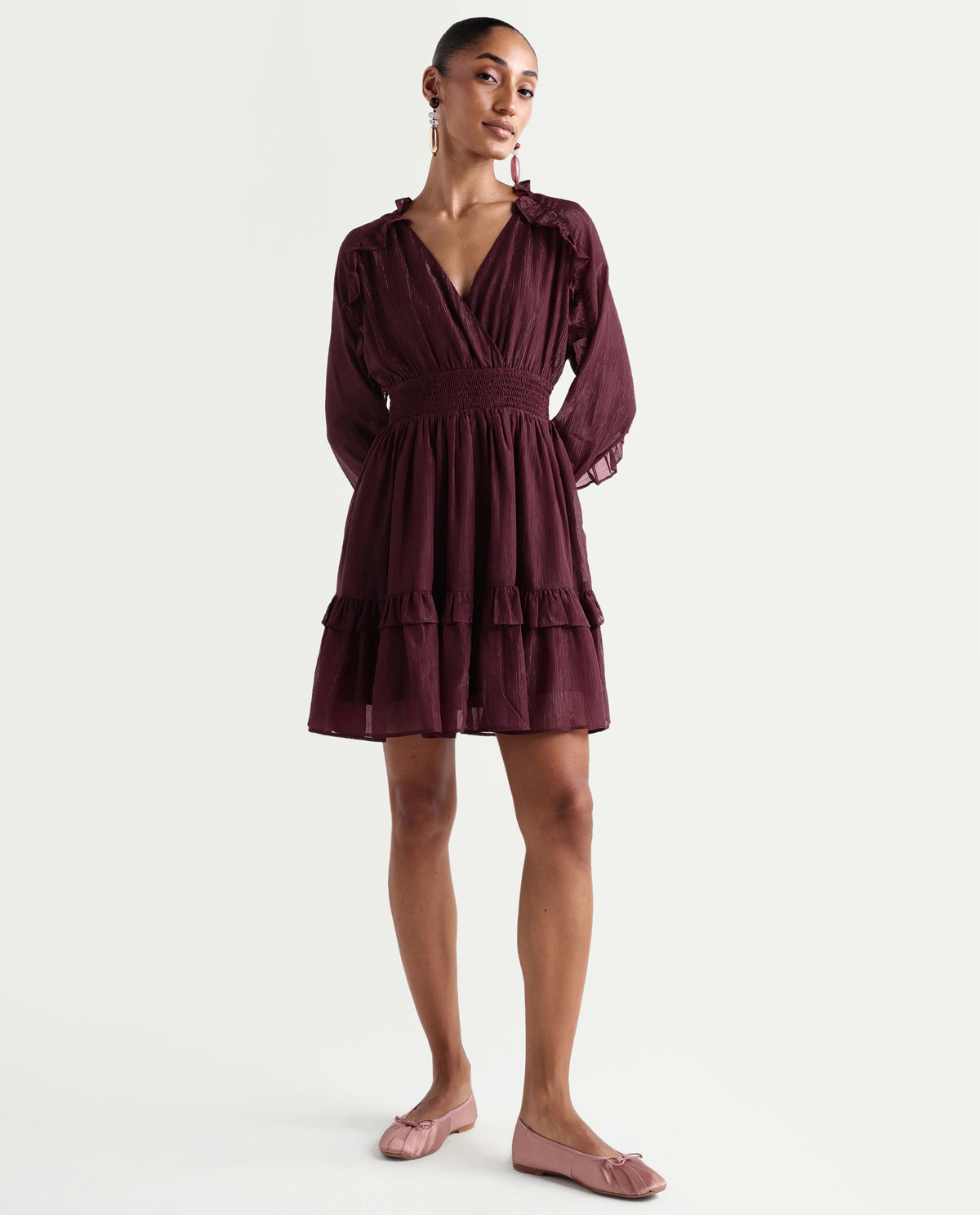 Rareism Women's Peto Maroon Polyester V-Neck Elastic Fit And Flare Plain Dress