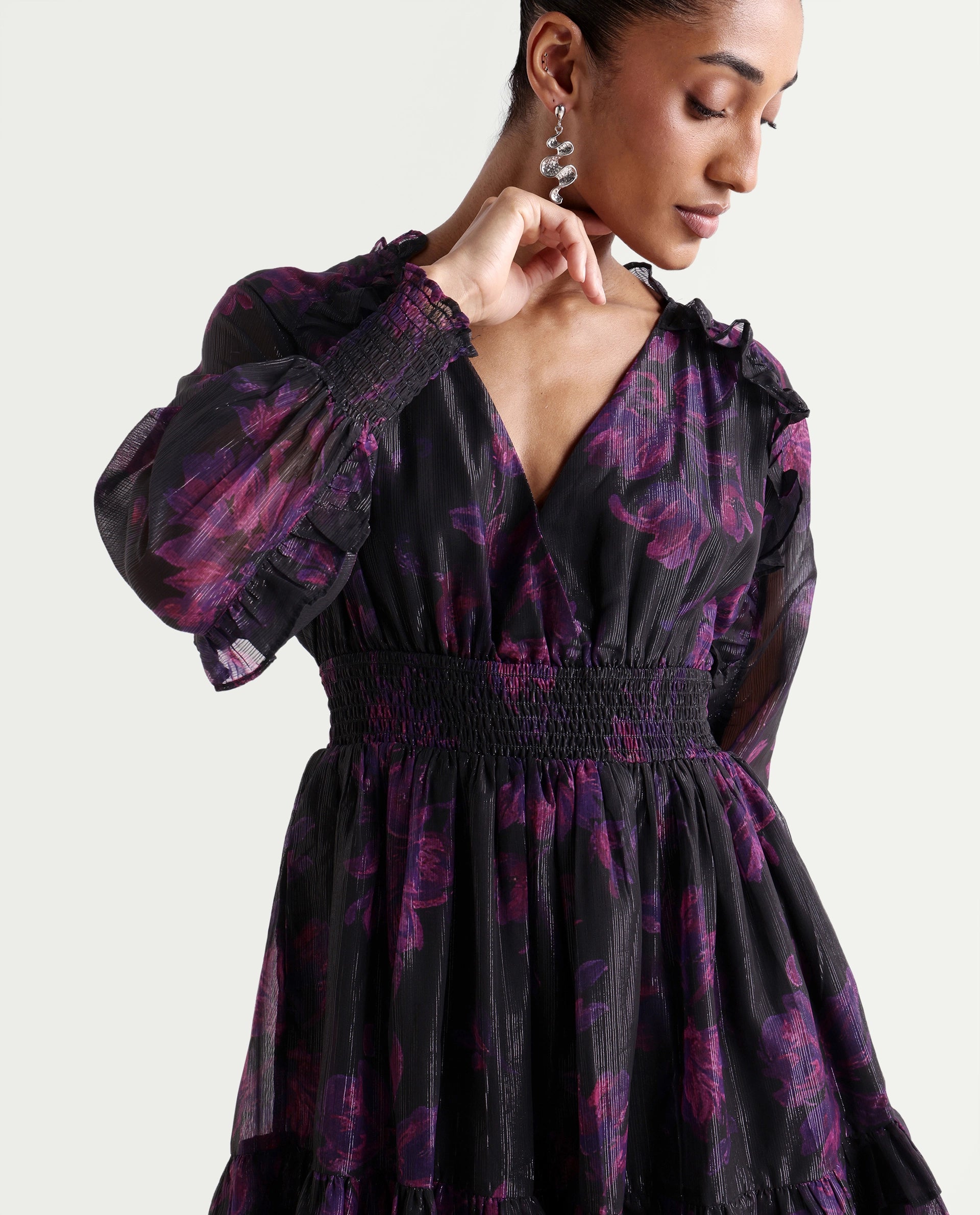 Rareism Women's Peton Black Polyester V-Neck Fit And Flare Floral Print Dress