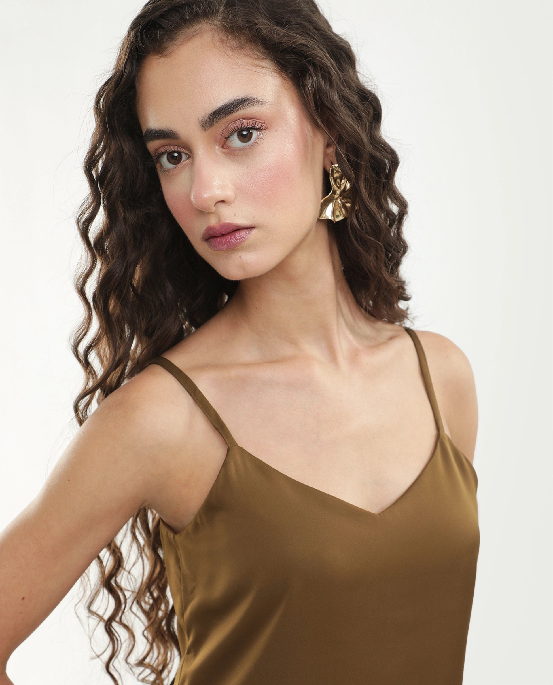 Rareism Women's Petsly Dark Gold Plain Polyester Cami Sleeveless Top