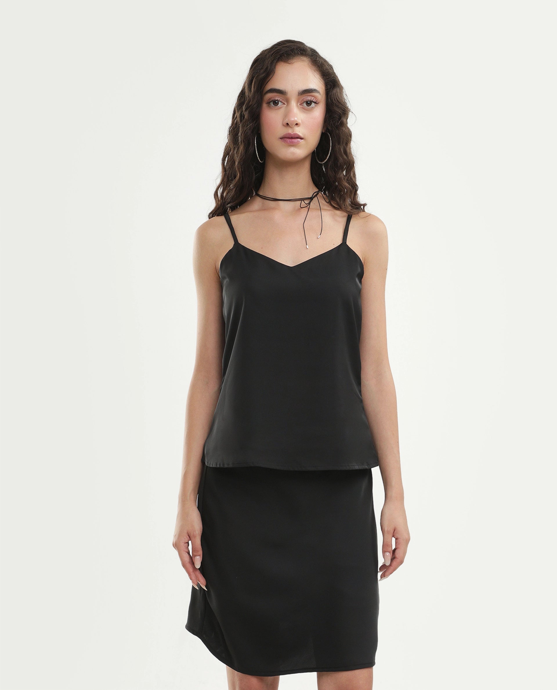 Rareism Women's Petsly Black Plain Polyester Cami Sleeveless Top