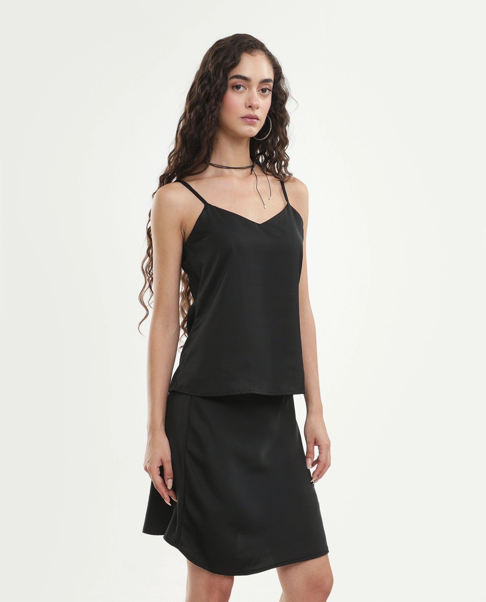 Rareism Women's Petsly Black Plain Polyester Cami Sleeveless Top