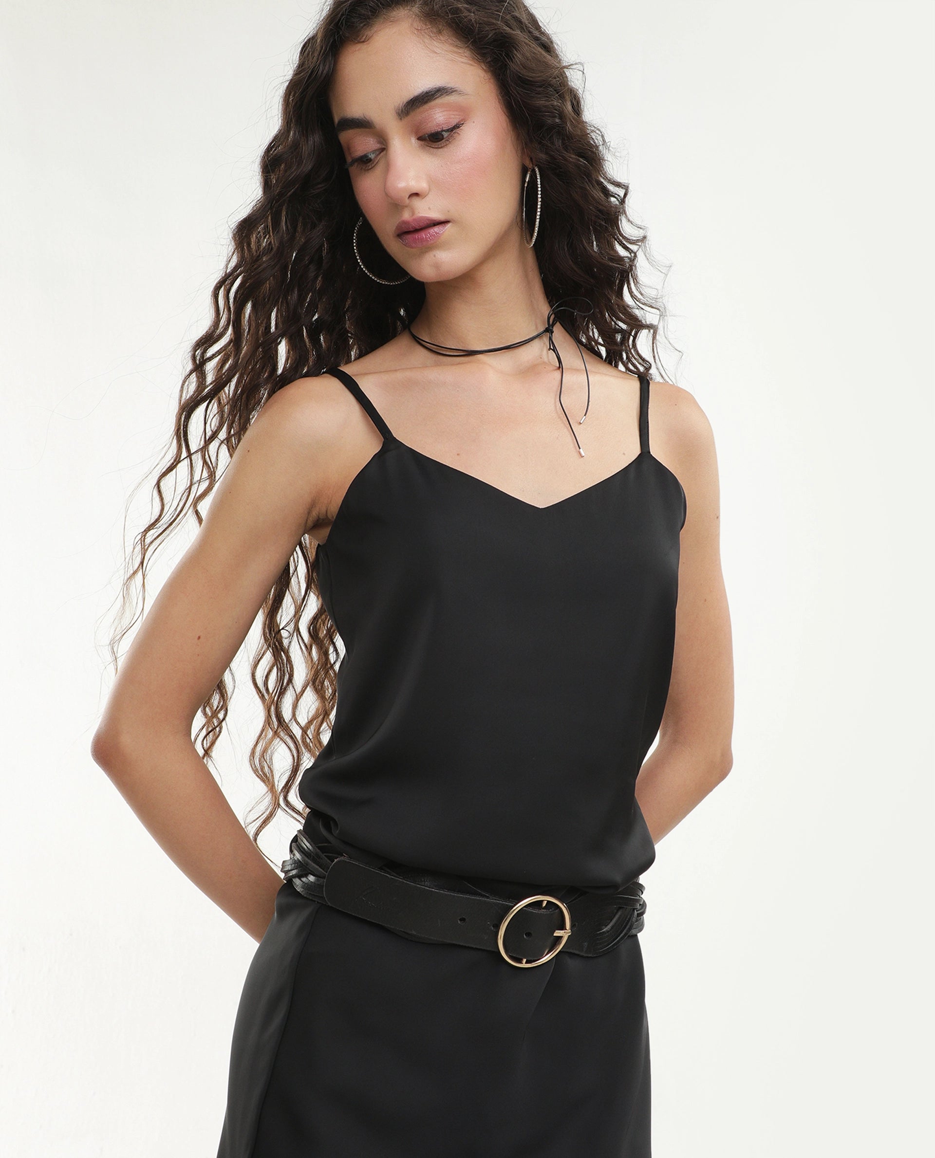 Rareism Women's Petsly Black Plain Polyester Cami Sleeveless Top