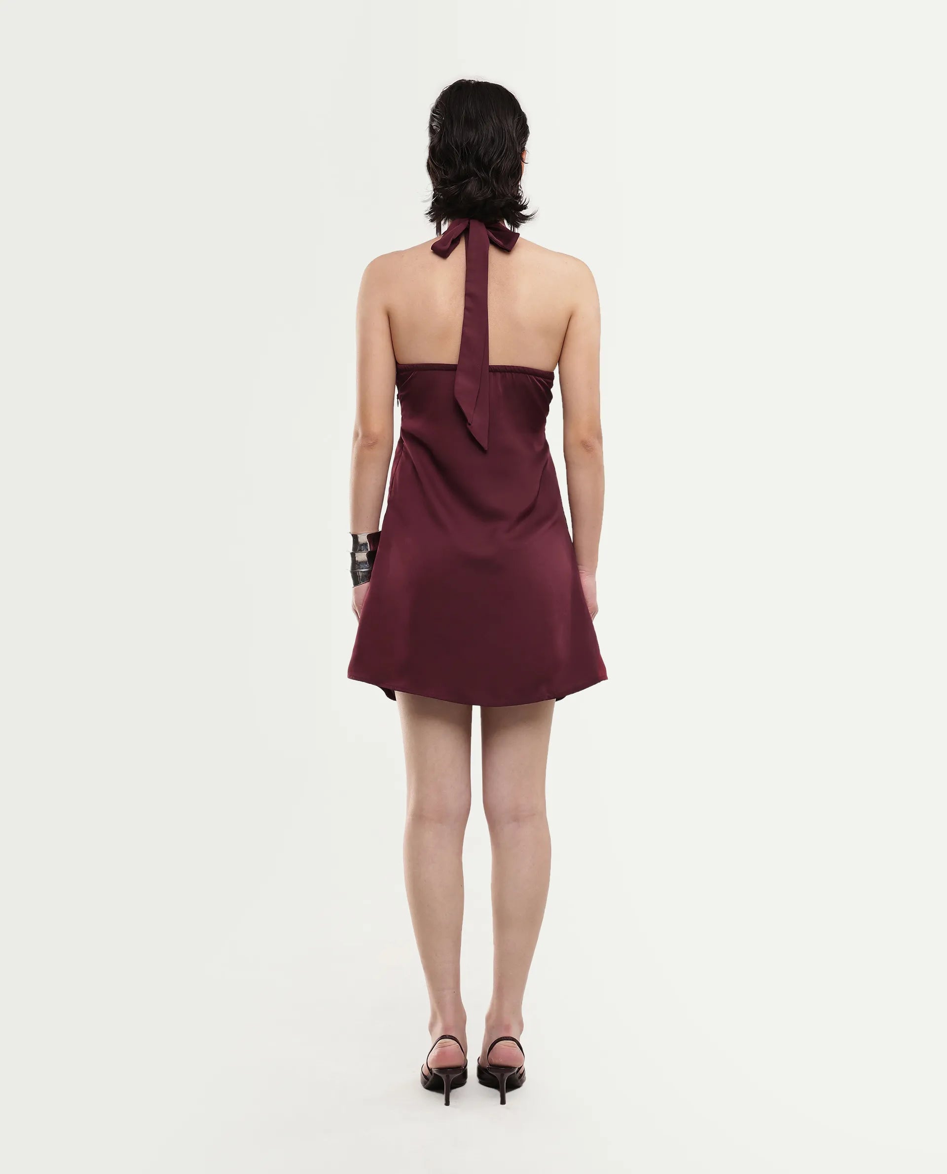 Rareism Women's Petun Dark Maroon Polyester Halter Neck Elastic Fitted Plain Dress