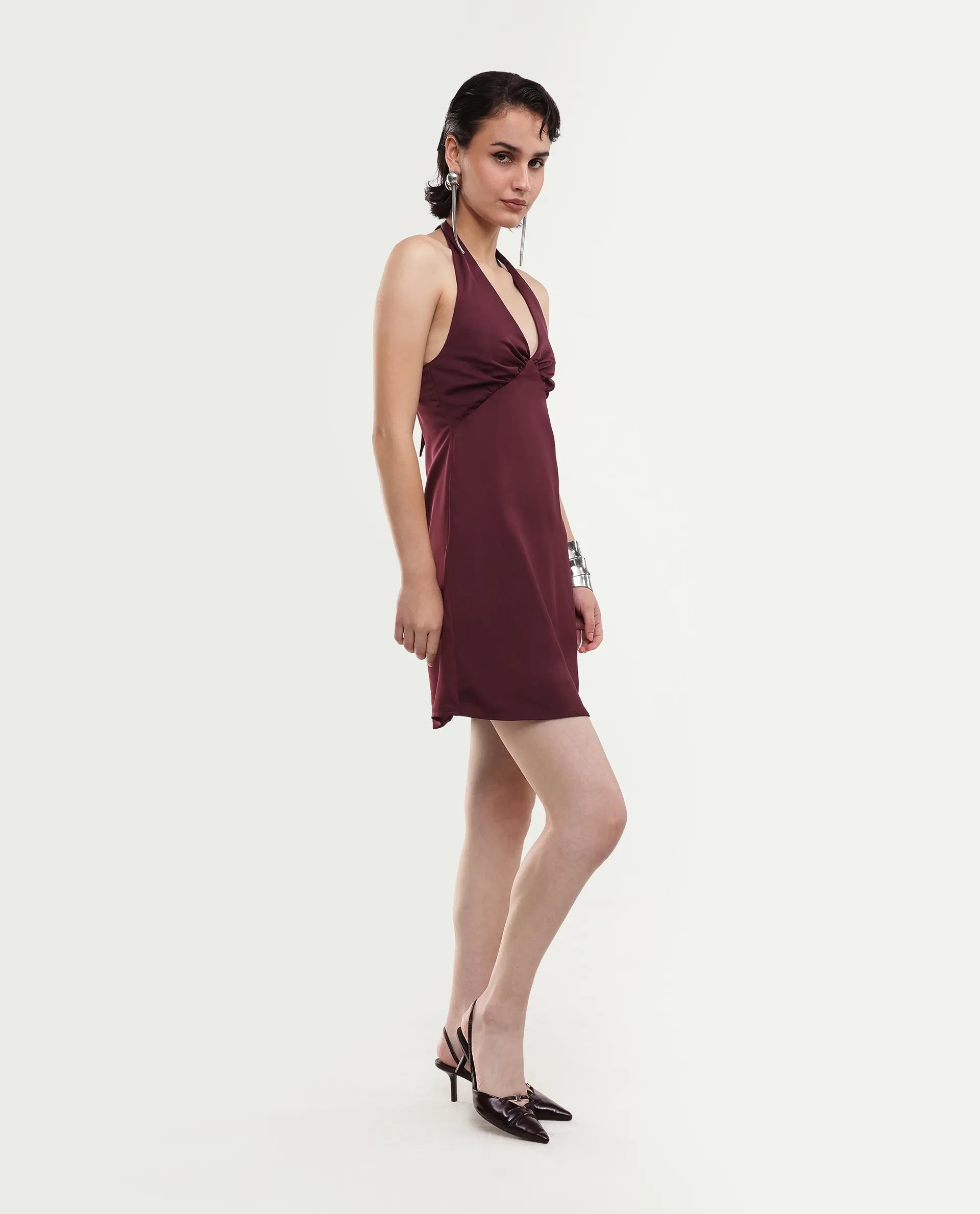 Rareism Women's Petun Dark Maroon Polyester Halter Neck Elastic Fitted Plain Dress