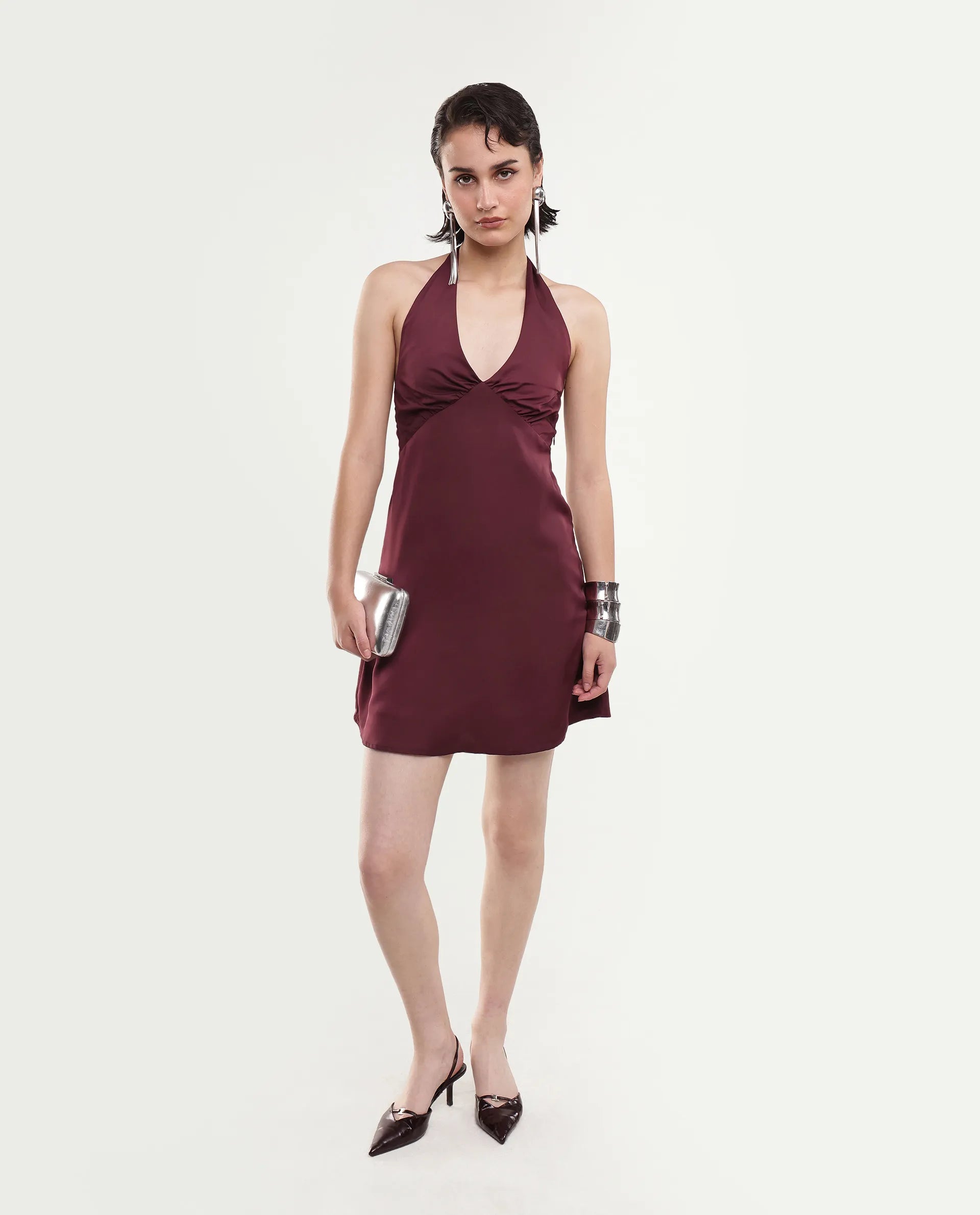Rareism Women's Petun Dark Maroon Polyester Halter Neck Elastic Fitted Plain Dress