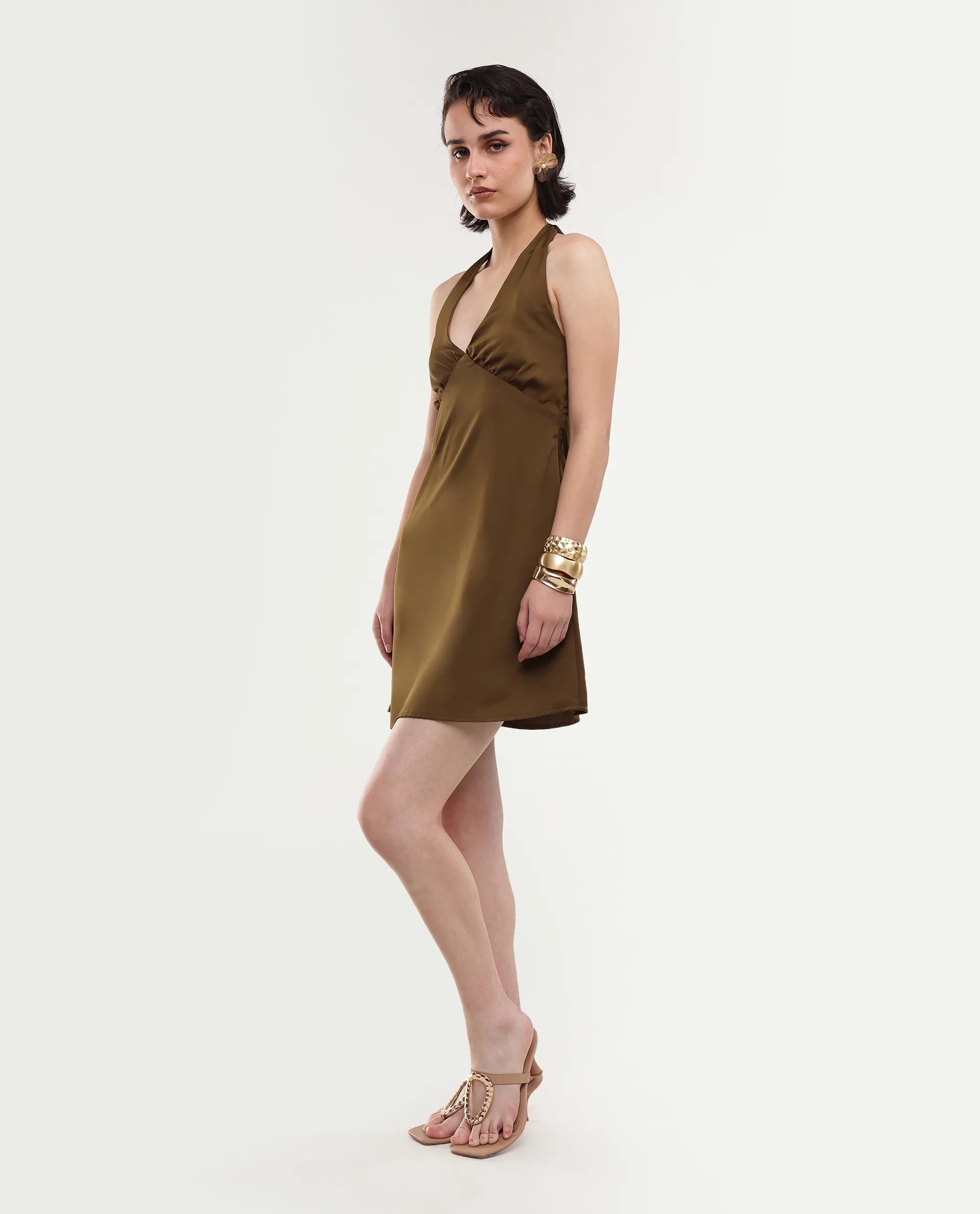 Rareism Women's Petun Dark Gold Polyester Halter Neck Elastic Fitted Plain Dress