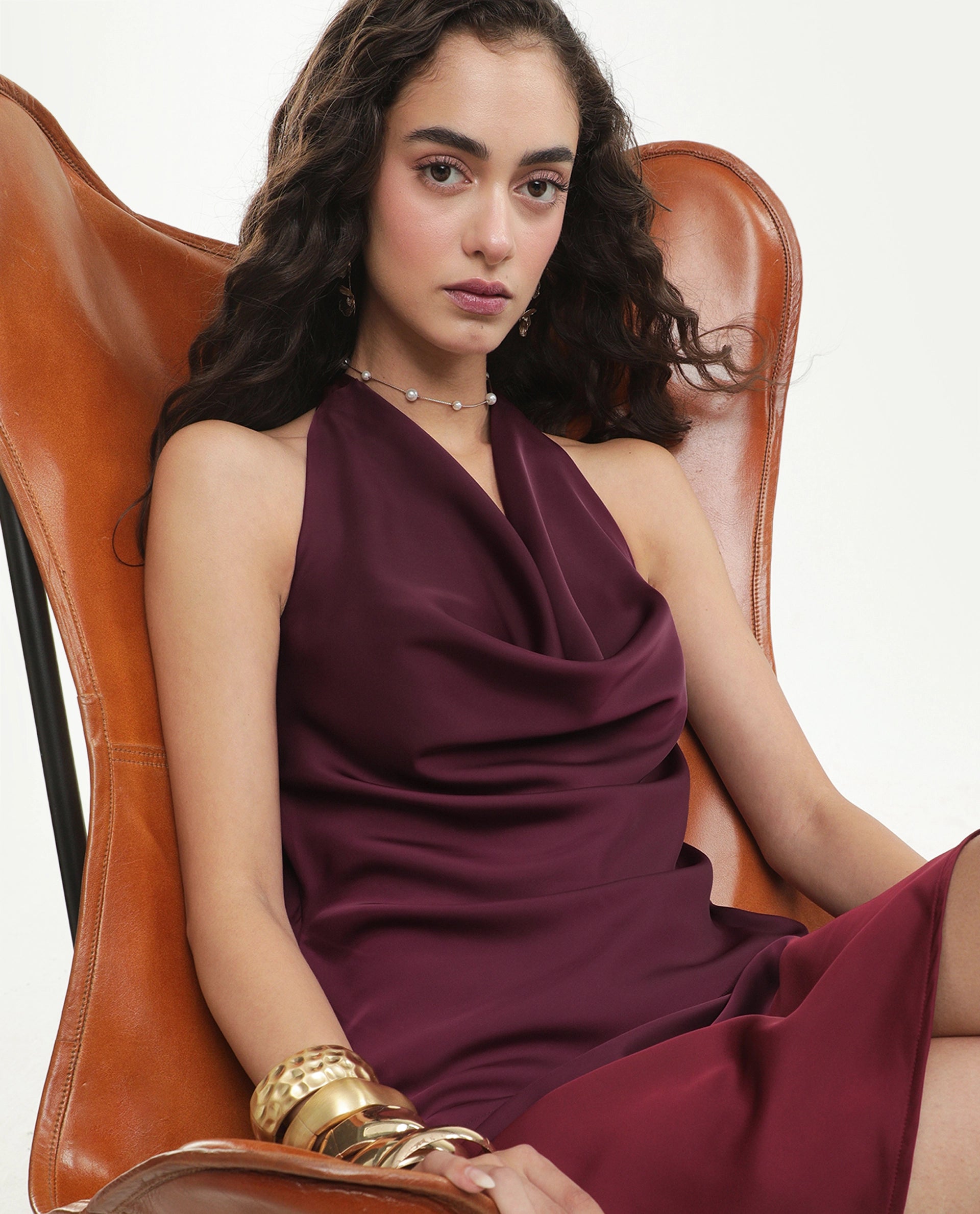Rareism Women's Petzy Dark Maroon Polyester Cowl Neck Tie-Up Regular Plain Top
