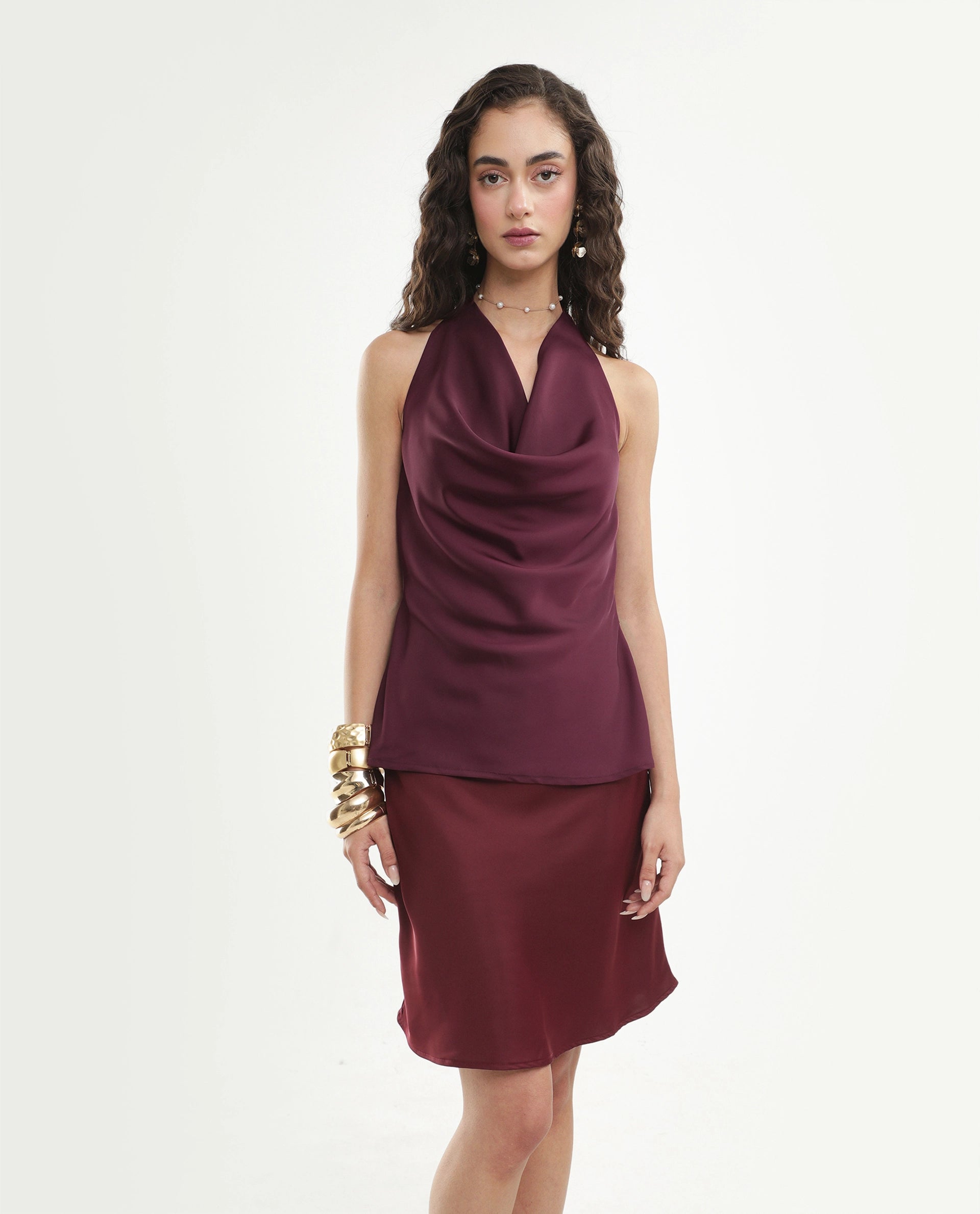 Rareism Women's Petzy Dark Maroon Polyester Cowl Neck Tie-Up Regular Plain Top