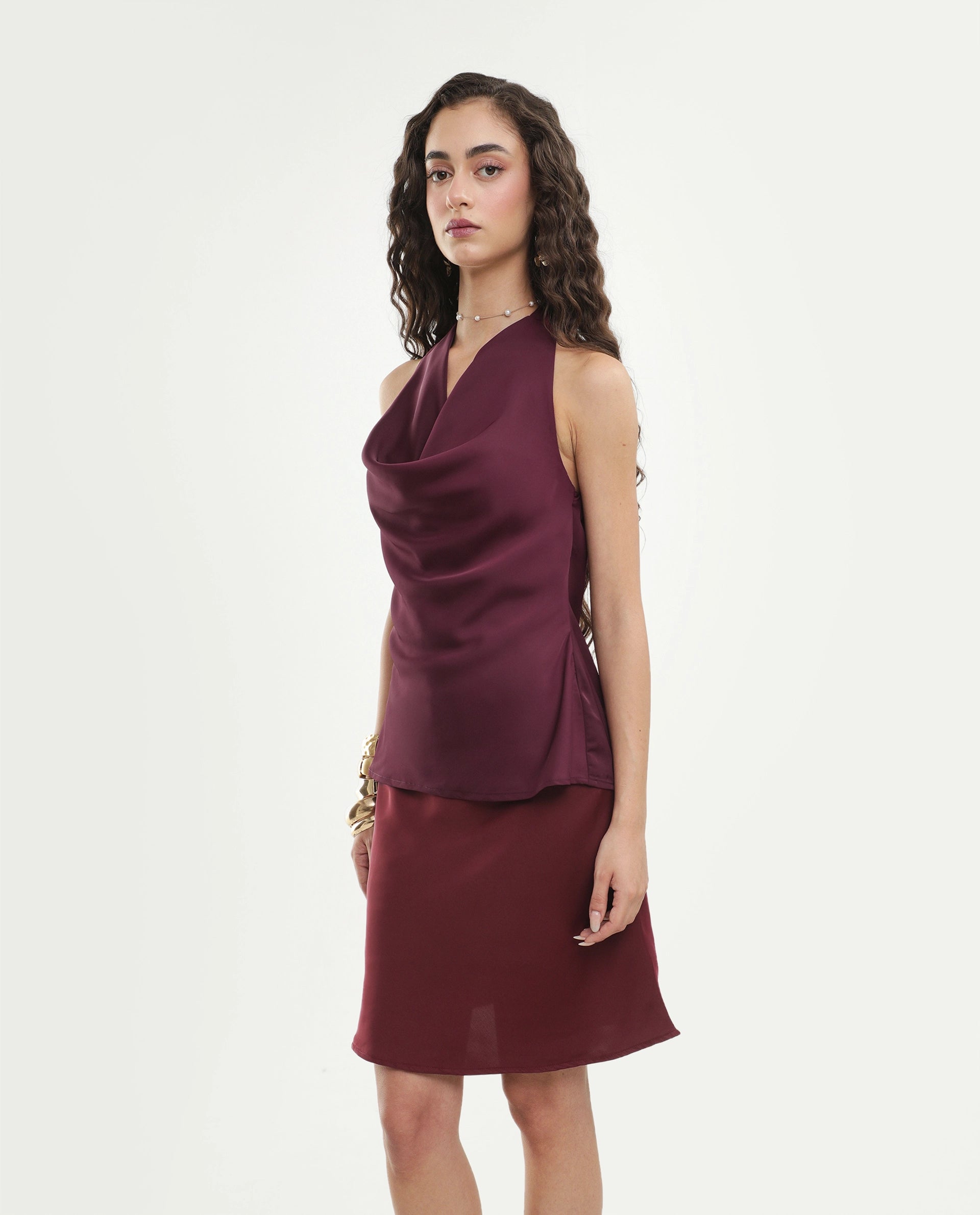 Rareism Women's Petzy Dark Maroon Polyester Cowl Neck Tie-Up Regular Plain Top