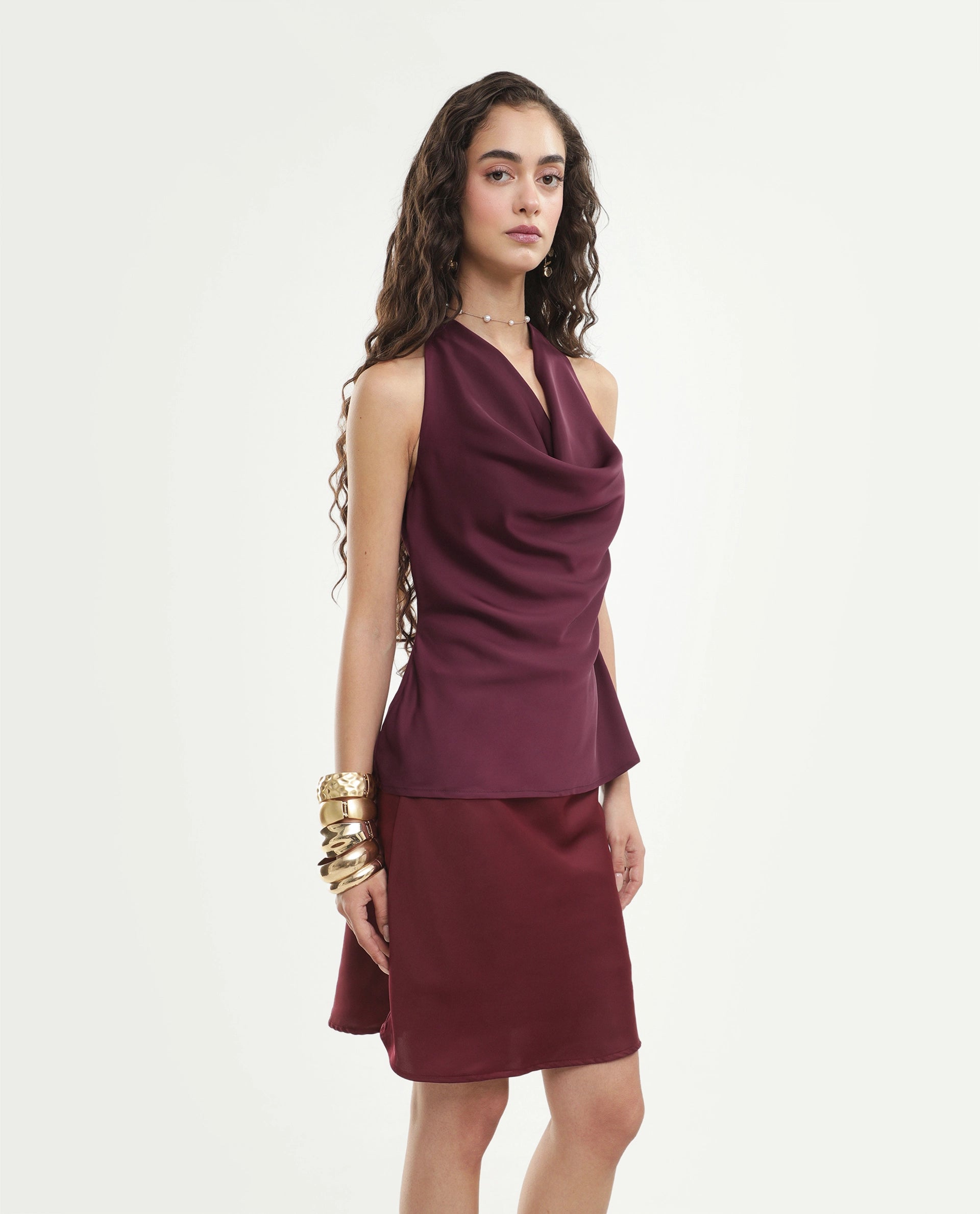 Rareism Women's Petzy Dark Maroon Polyester Cowl Neck Tie-Up Regular Plain Top
