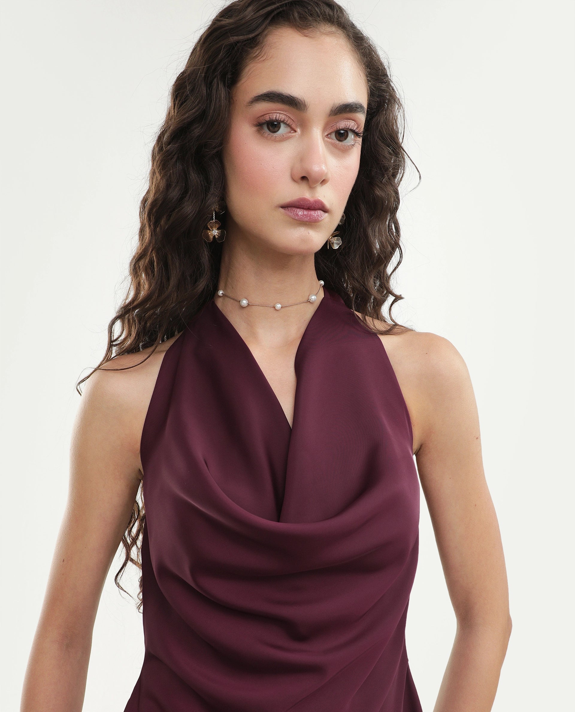 Rareism Women's Petzy Dark Maroon Polyester Cowl Neck Tie-Up Regular Plain Top