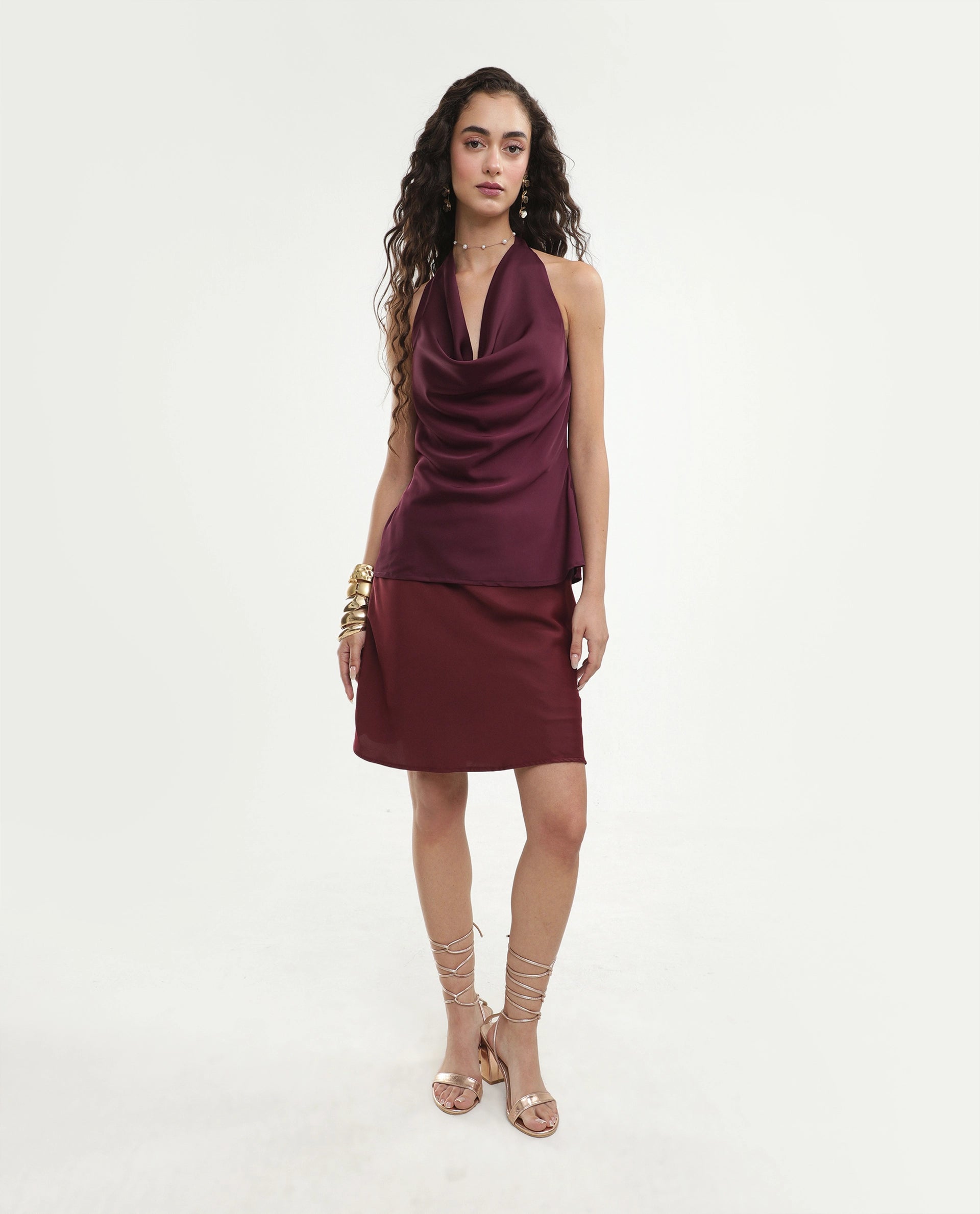 Rareism Women's Petzy Dark Maroon Polyester Cowl Neck Tie-Up Regular Plain Top