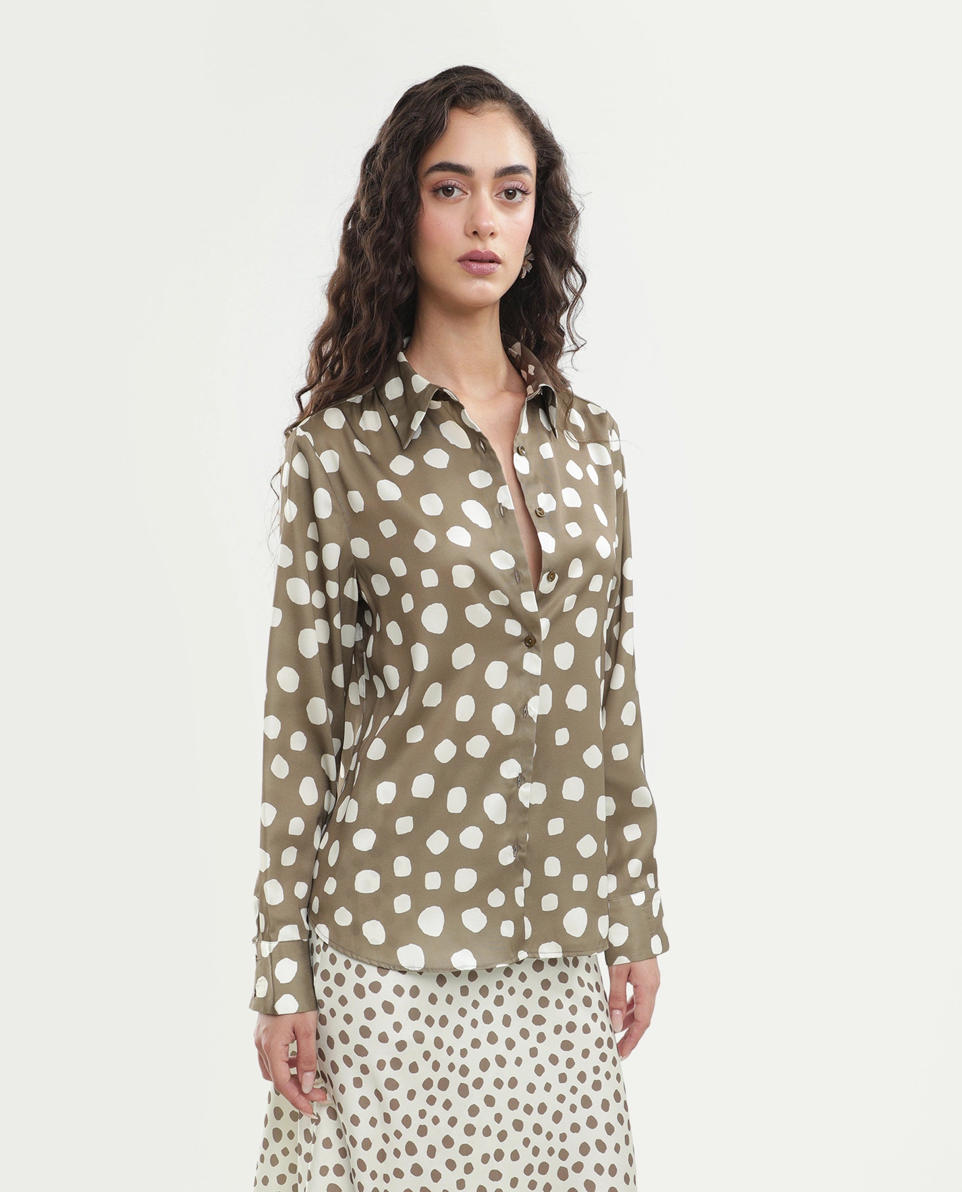 Rareism Women's Polro Olive Polka Dot Polyester Regular Fit Long Sleeve Shirt