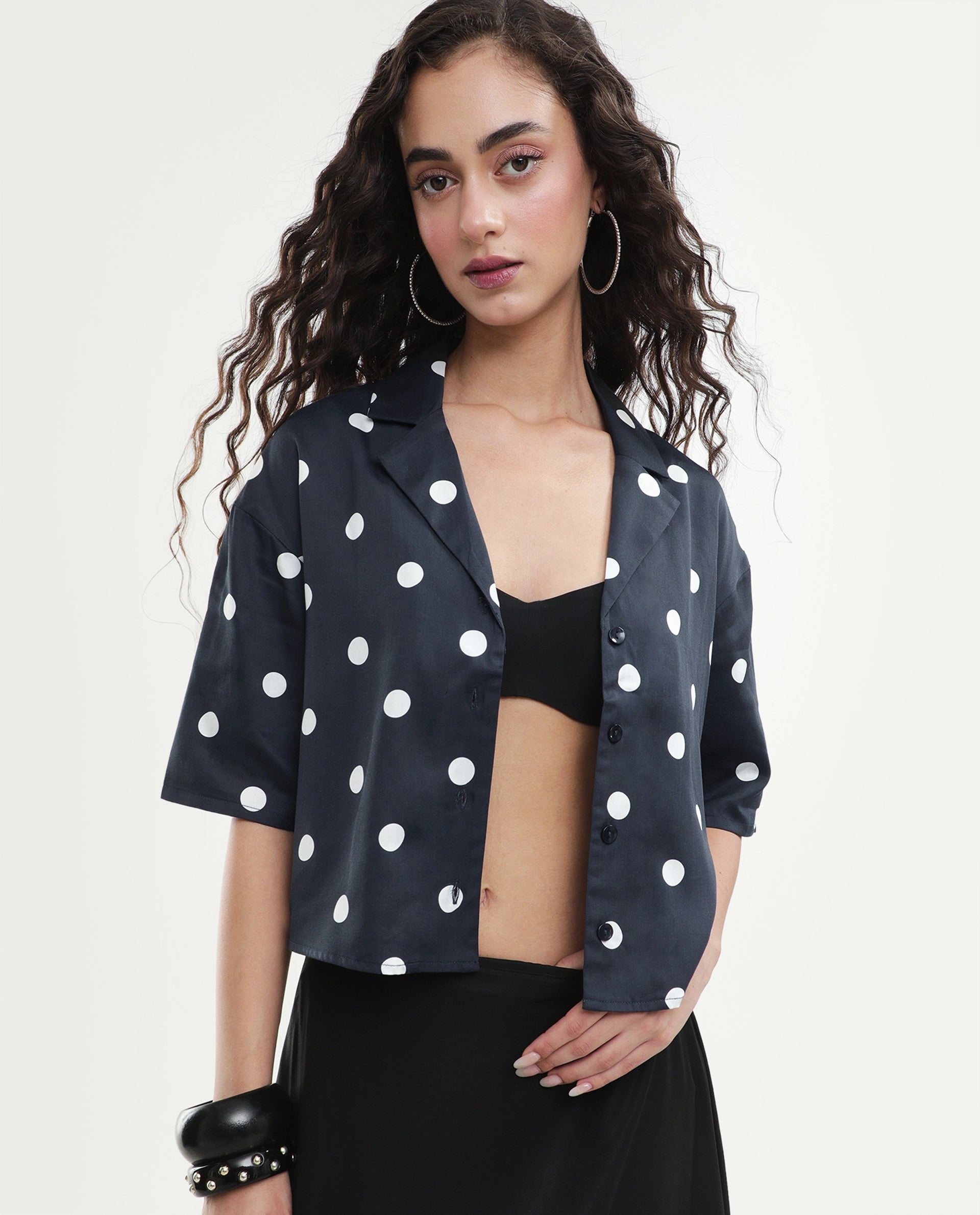Rareism Women's Polbo Black Cotton Blend Lapel Neck Button Regular Polka Print Top