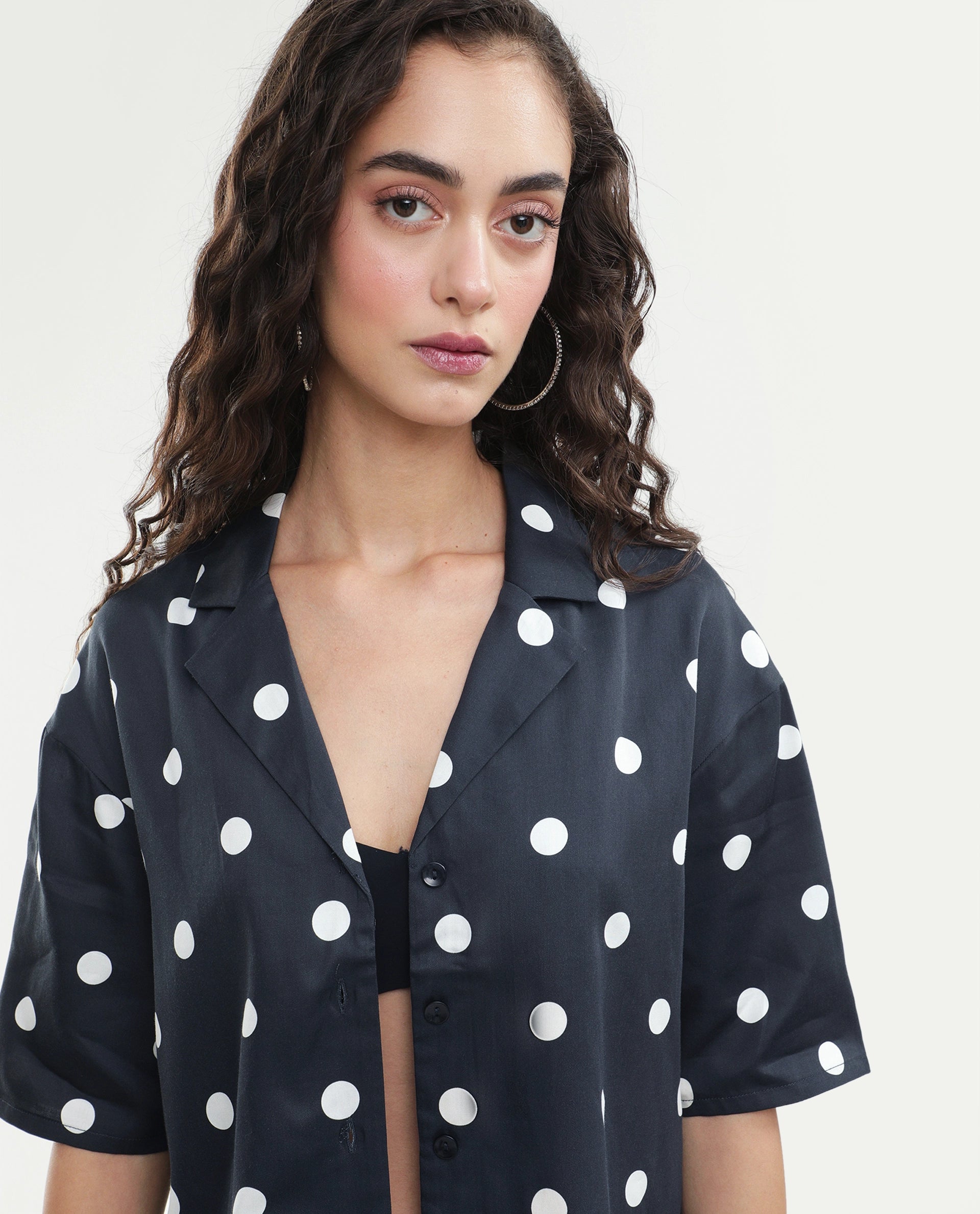 Rareism Women's Polbo Black Cotton Blend Lapel Neck Button Regular Polka Print Top