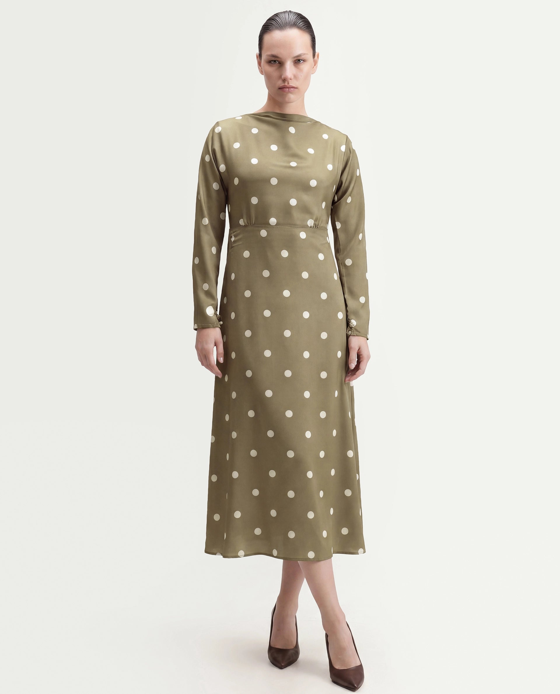 Rareism Women's Polom Olive Polka Dot Polyester Slim Full Sleeve Dress