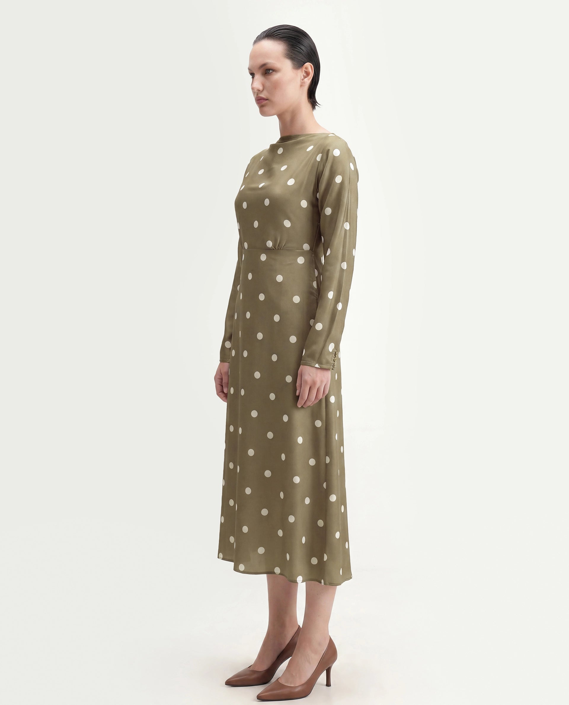 Rareism Women's Polom Olive Polka Dot Polyester Slim Full Sleeve Dress