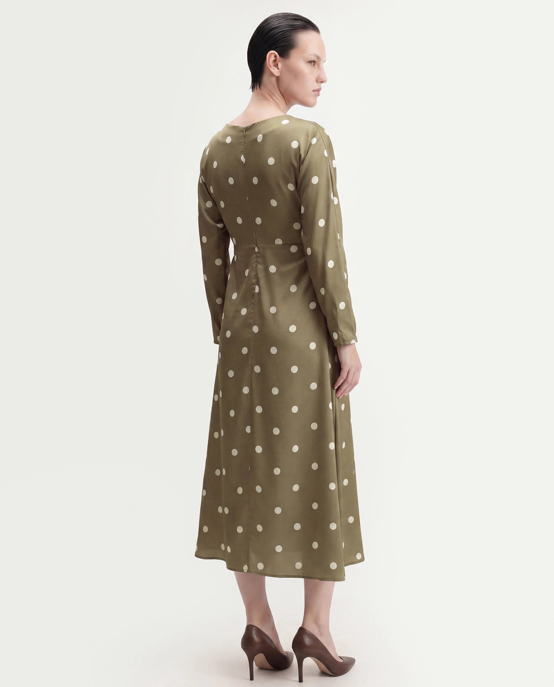Rareism Women's Polom Olive Polka Dot Polyester Slim Full Sleeve Dress