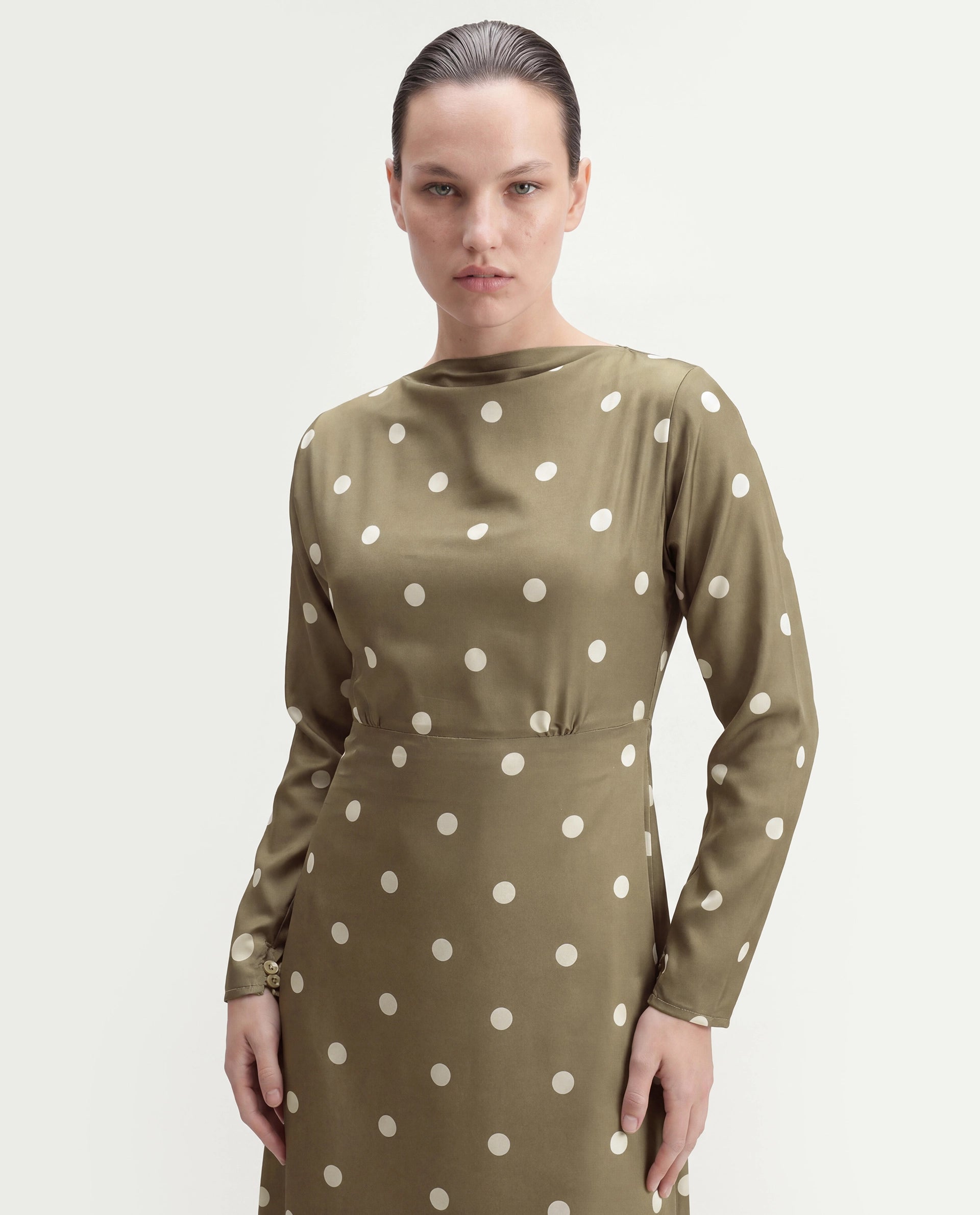 Rareism Women's Polom Olive Polka Dot Polyester Slim Full Sleeve Dress