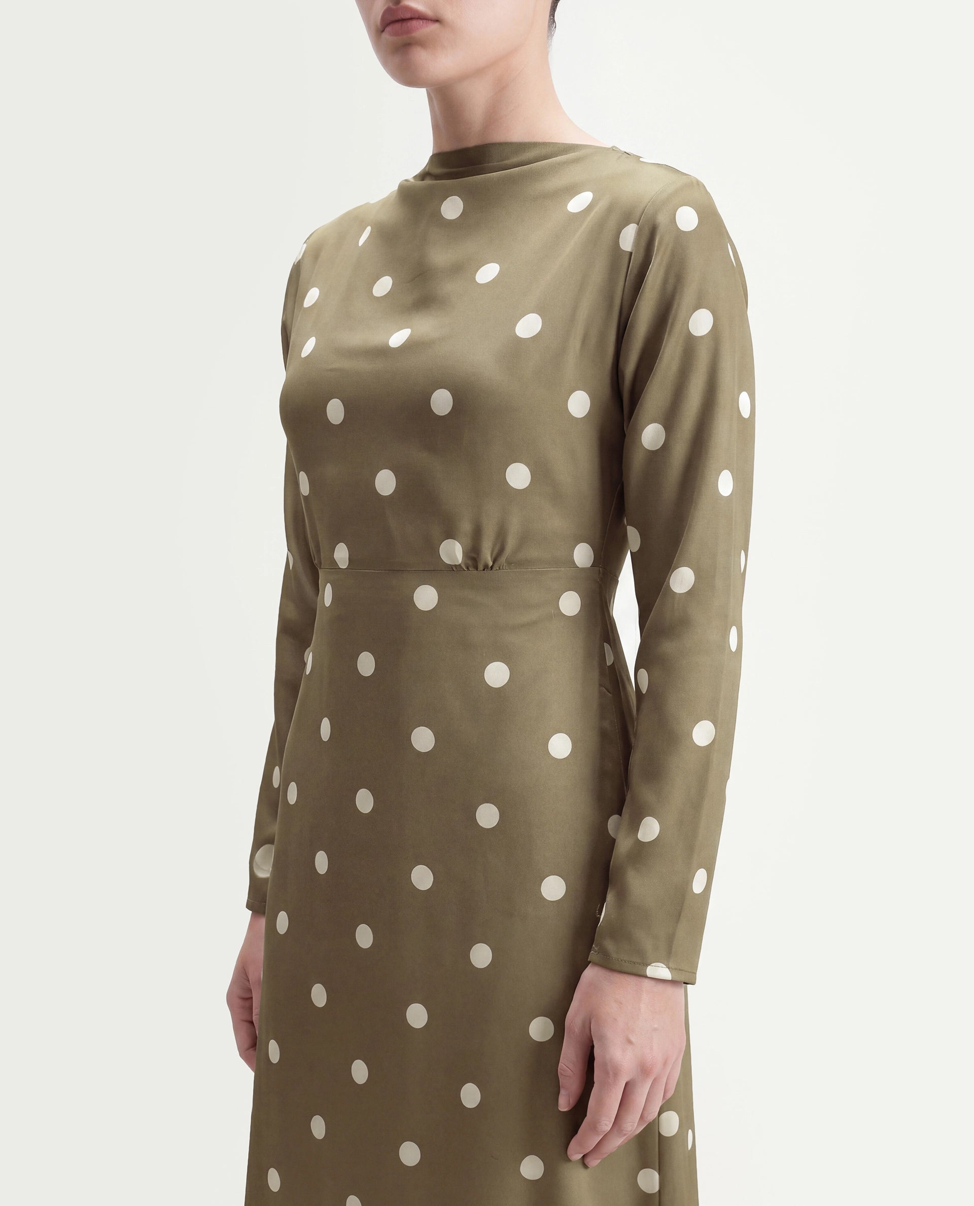 Rareism Women's Polom Olive Polka Dot Polyester Slim Full Sleeve Dress