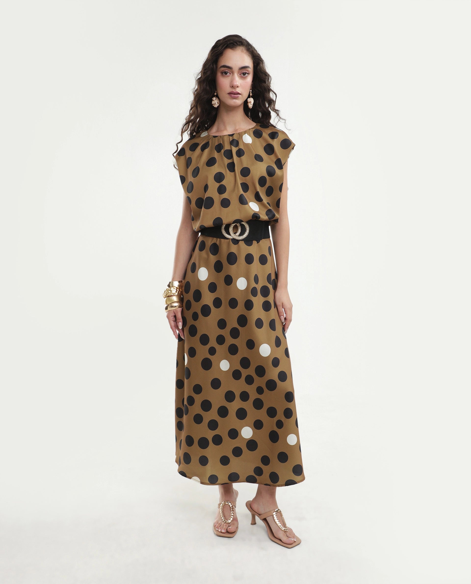 Rareism Women's Polta Beige Polyester Crew Neck Button And Zip Fit And Flare Polka Print Dress