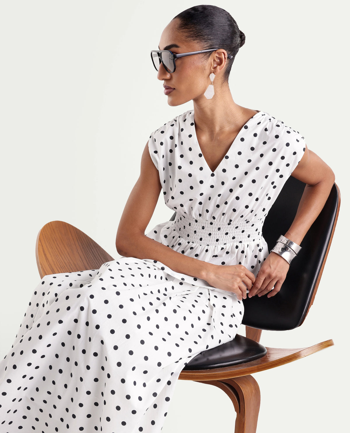 Rareism Women's Polto-T Off White Cotton V-Neck Elastic Fit And Flare Polka Print Top
