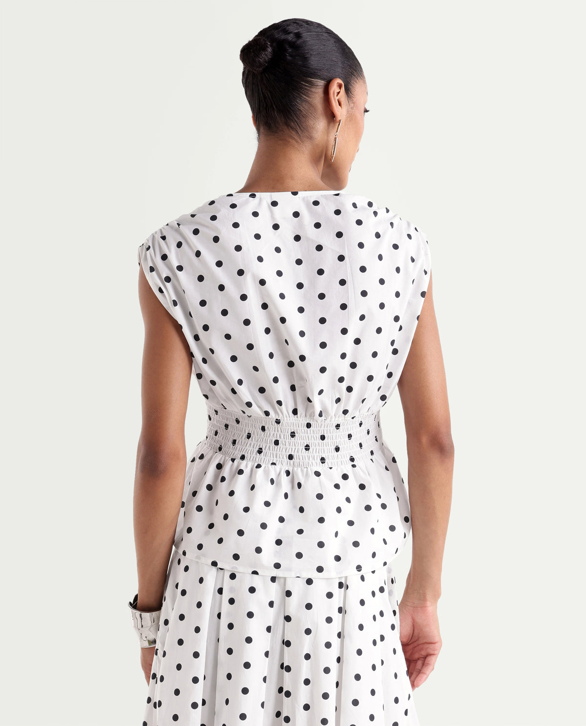 Rareism Women's Polto-T Off White Cotton V-Neck Elastic Fit And Flare Polka Print Top