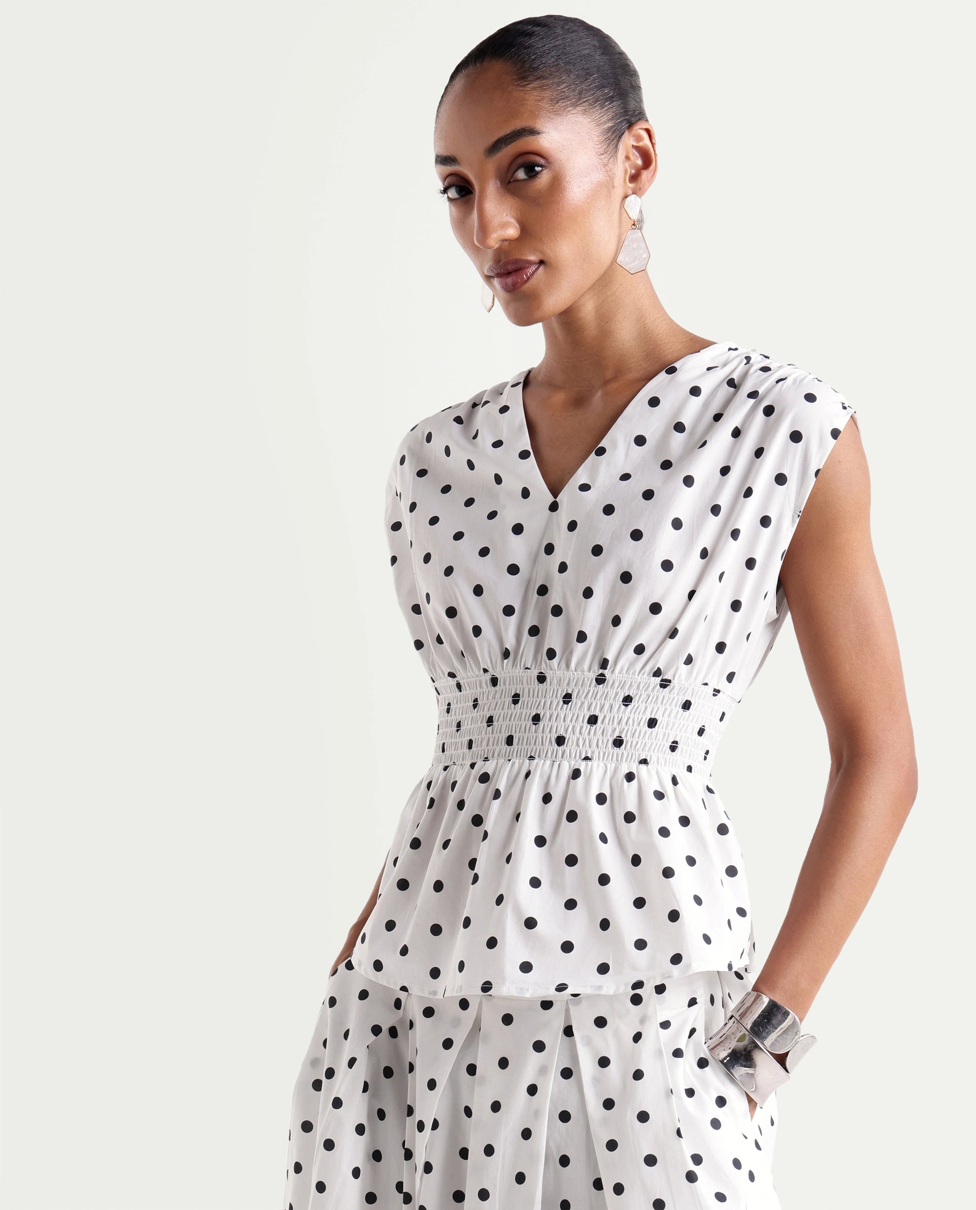 Rareism Women's Polto-T Off White Cotton V-Neck Elastic Fit And Flare Polka Print Top